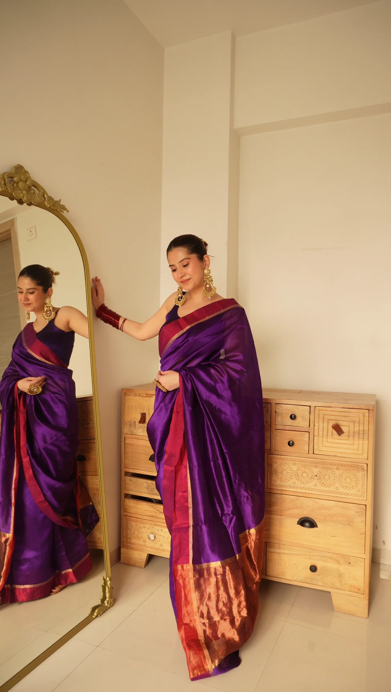 Dark Purple Plum Chanderi silk saree with zari lines on pallu - Image 2