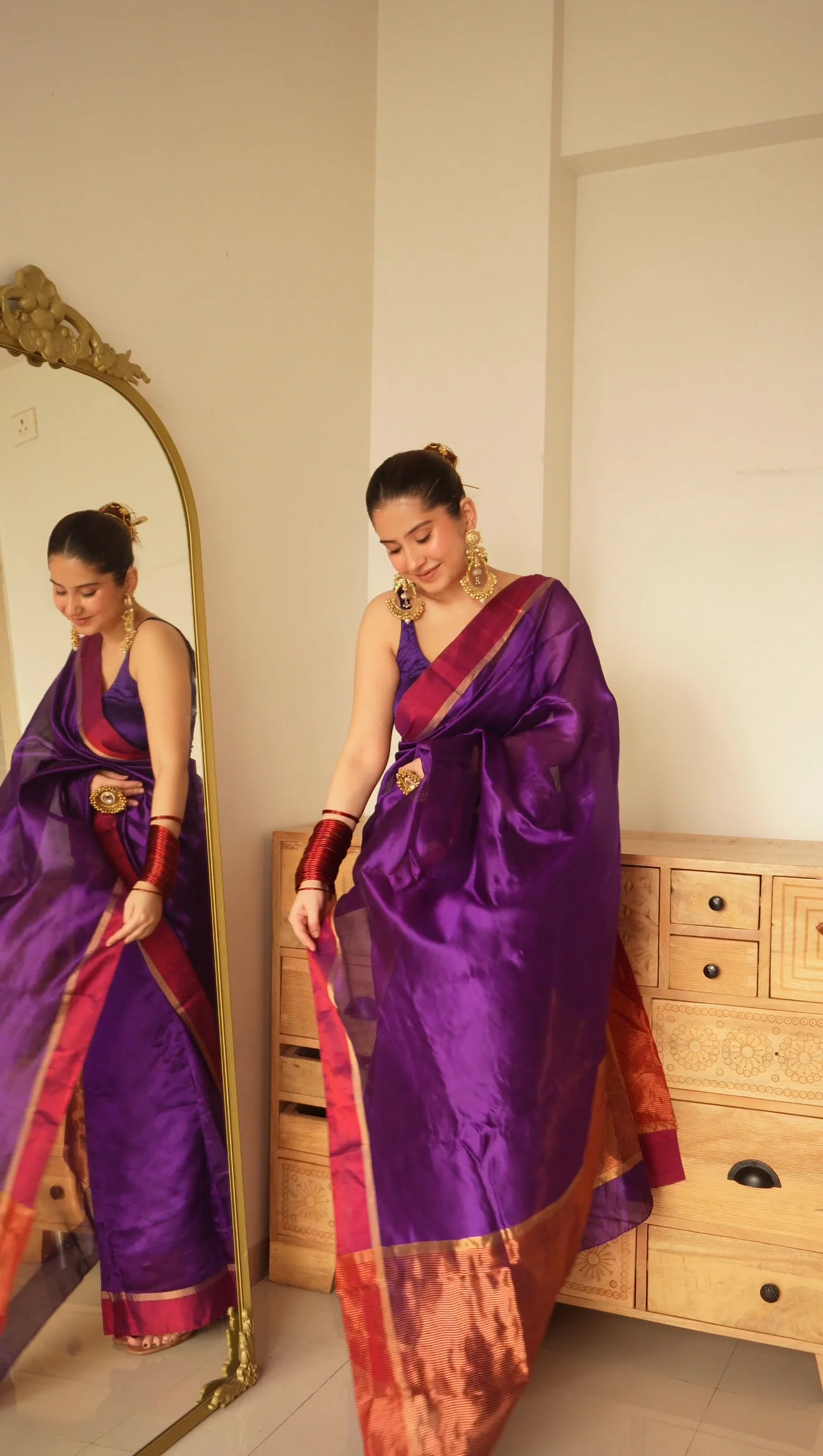 Dark Purple Plum Chanderi silk saree with zari lines on pallu - Image 3