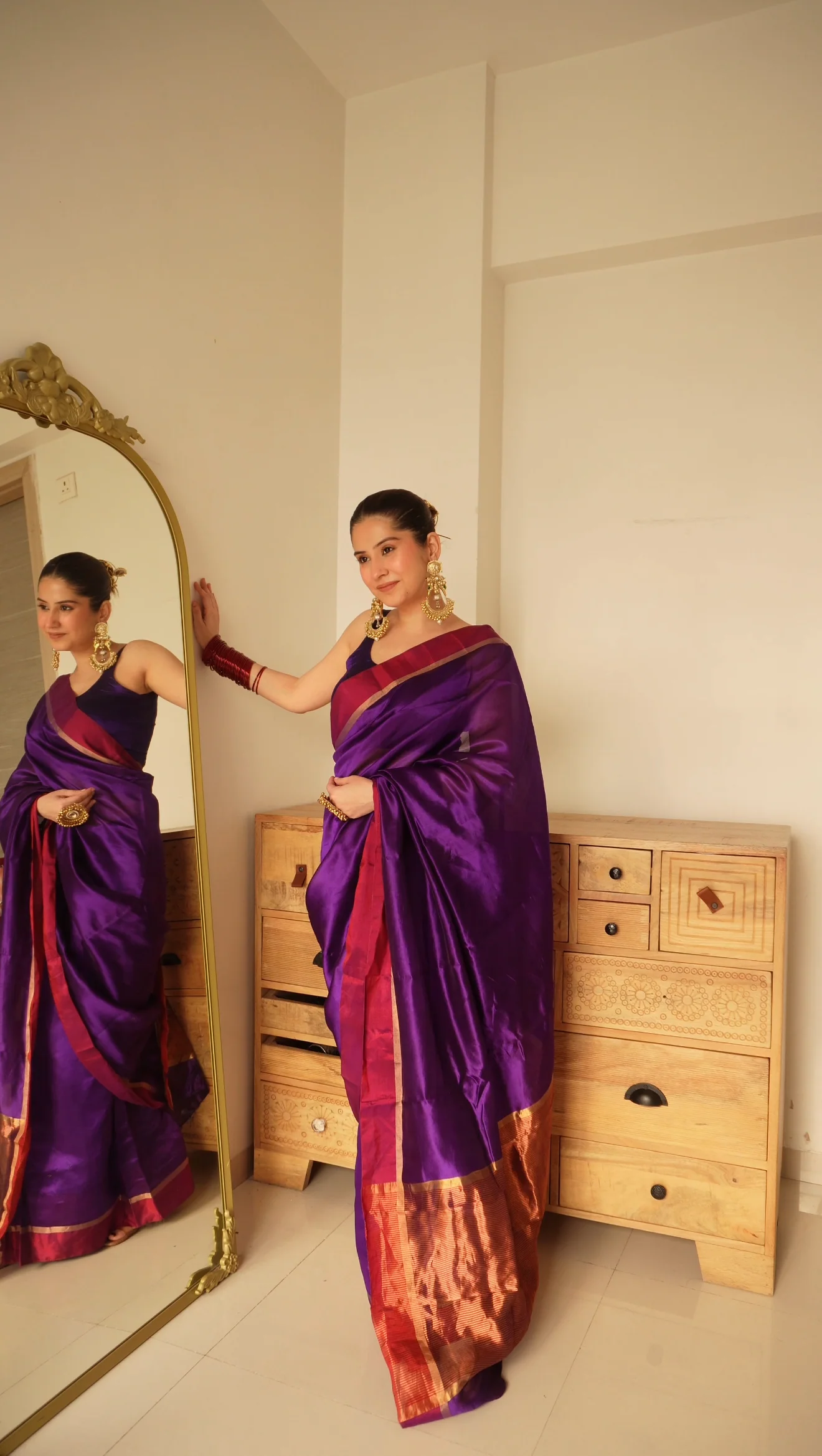 Dark Purple Plum Chanderi silk saree with zari lines on pallu - Image 4
