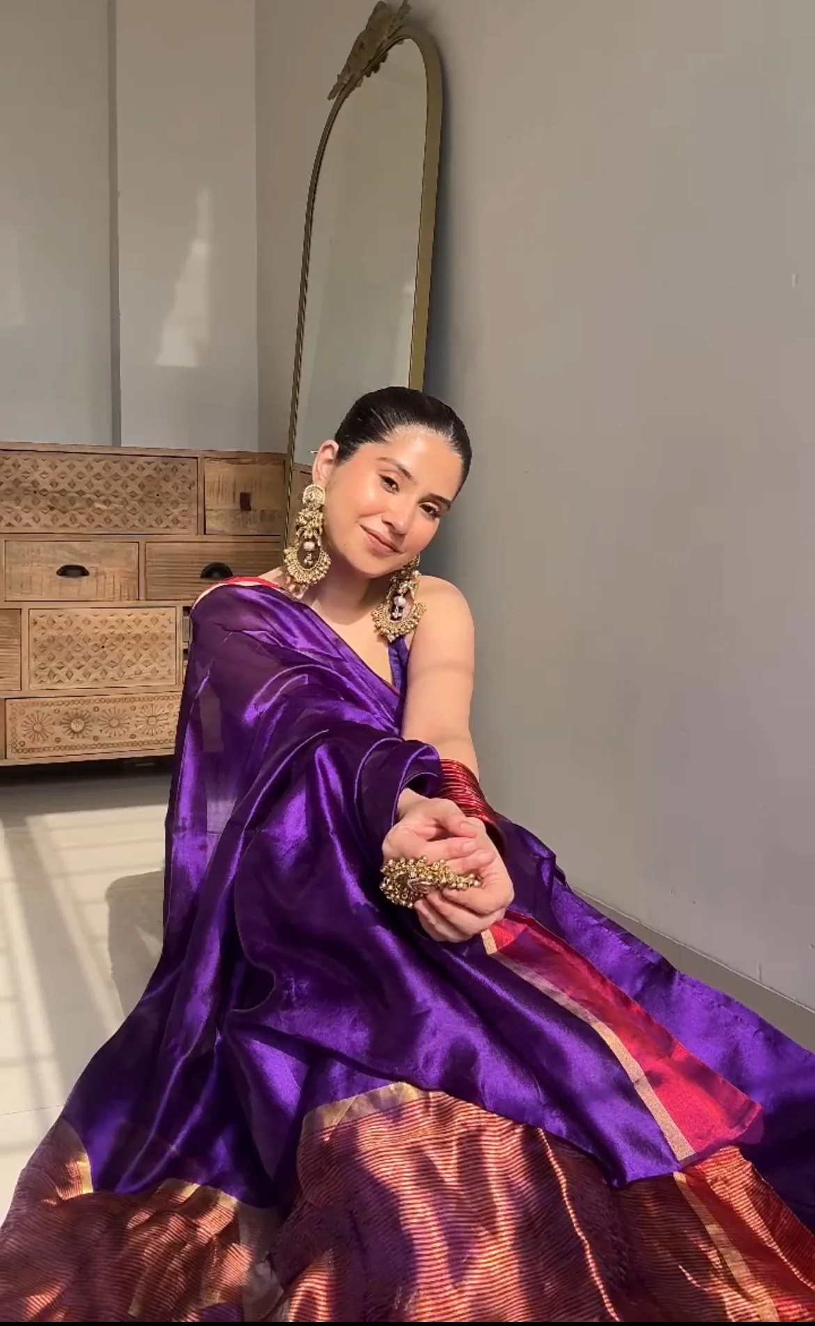 Dark Purple Plum Chanderi silk saree with zari lines on pallu - Image 5