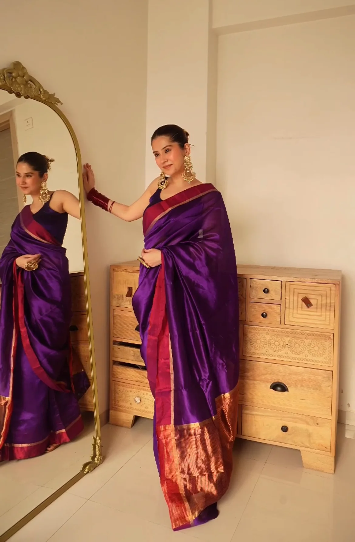 Dark Purple Plum Chanderi silk saree with zari lines on pallu - Image 8