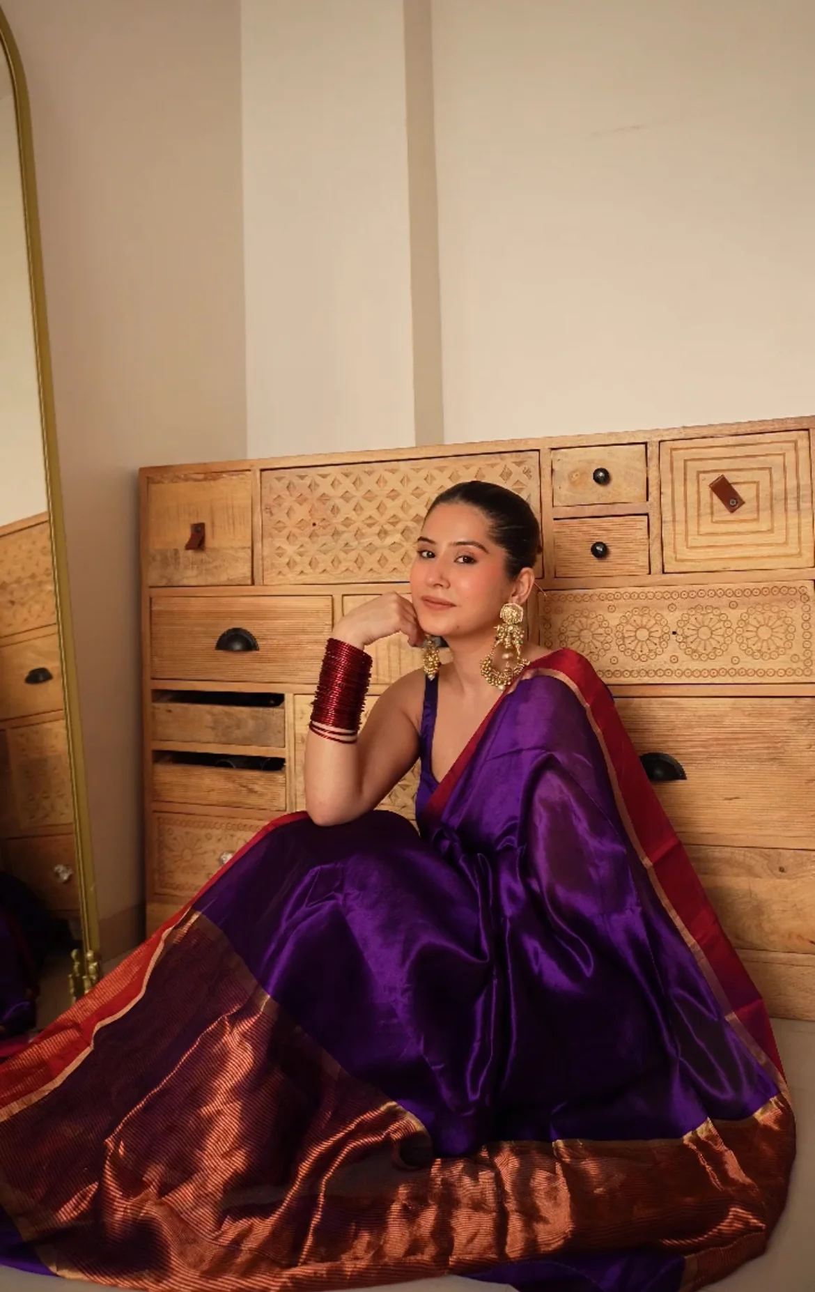 Dark Purple Plum Chanderi silk saree with zari lines on pallu - Image 9