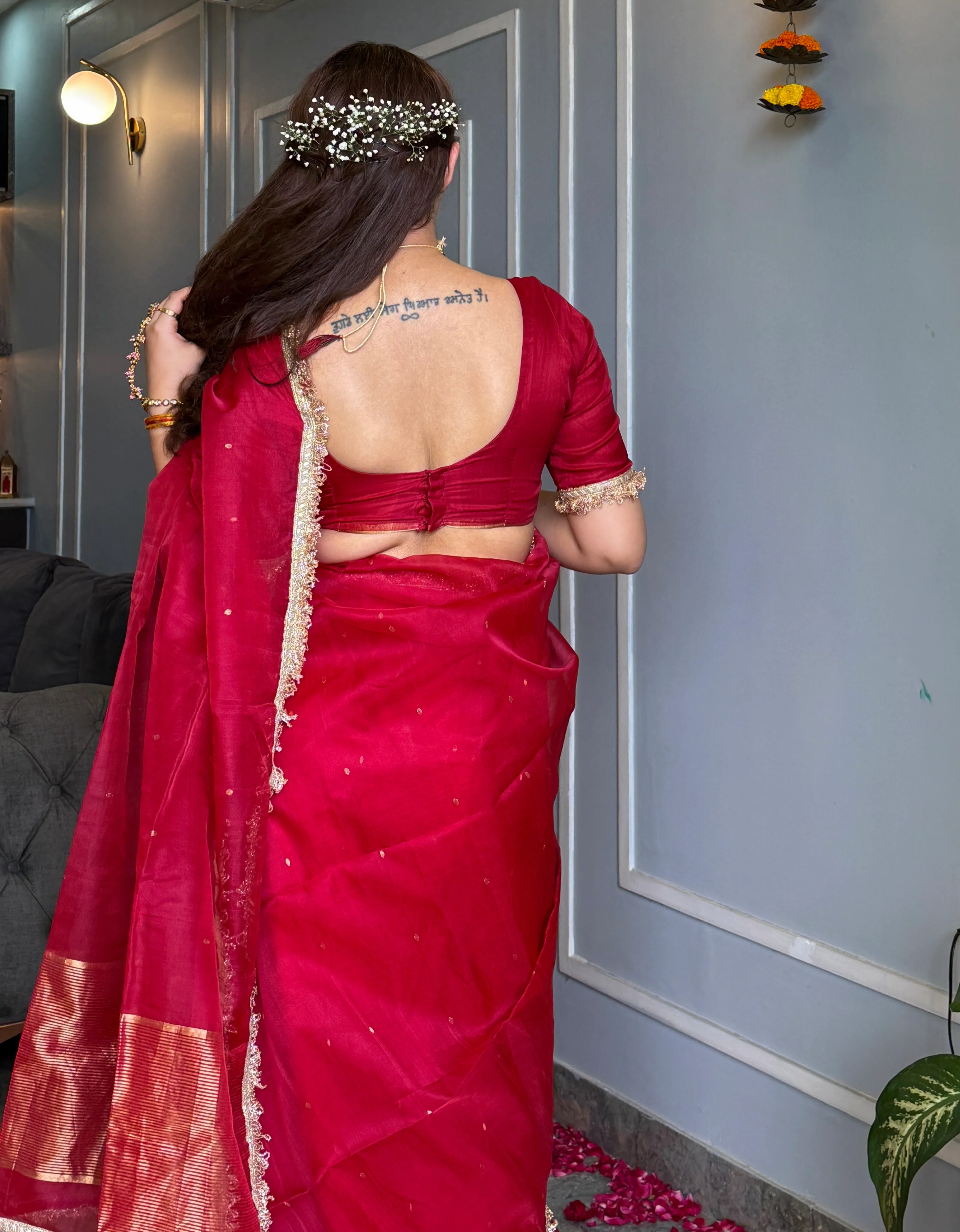 Dark rose chanderi silk saree with zari bootis all over - Image 10