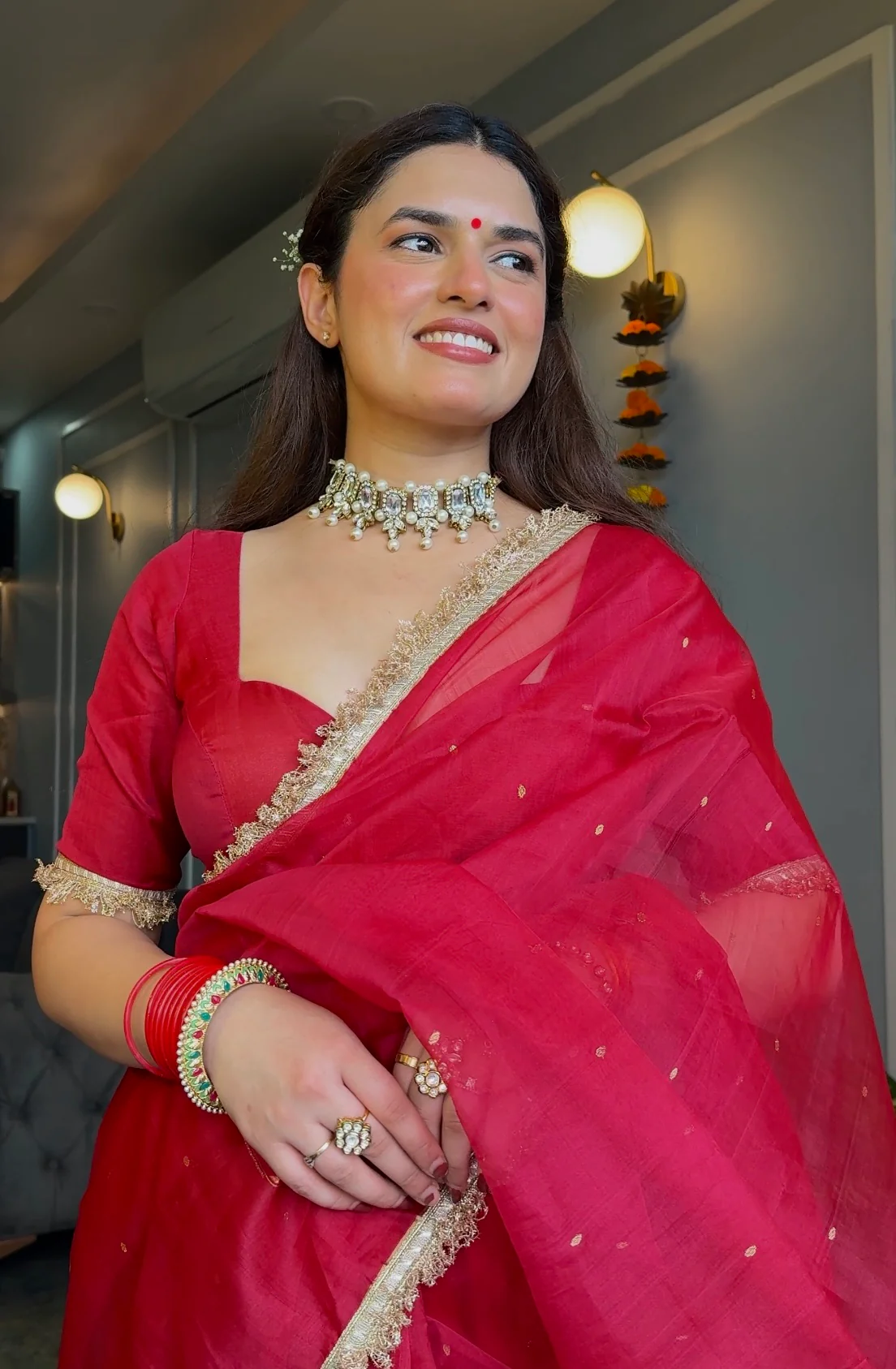 Dark rose chanderi silk saree with zari bootis all over - Image 16