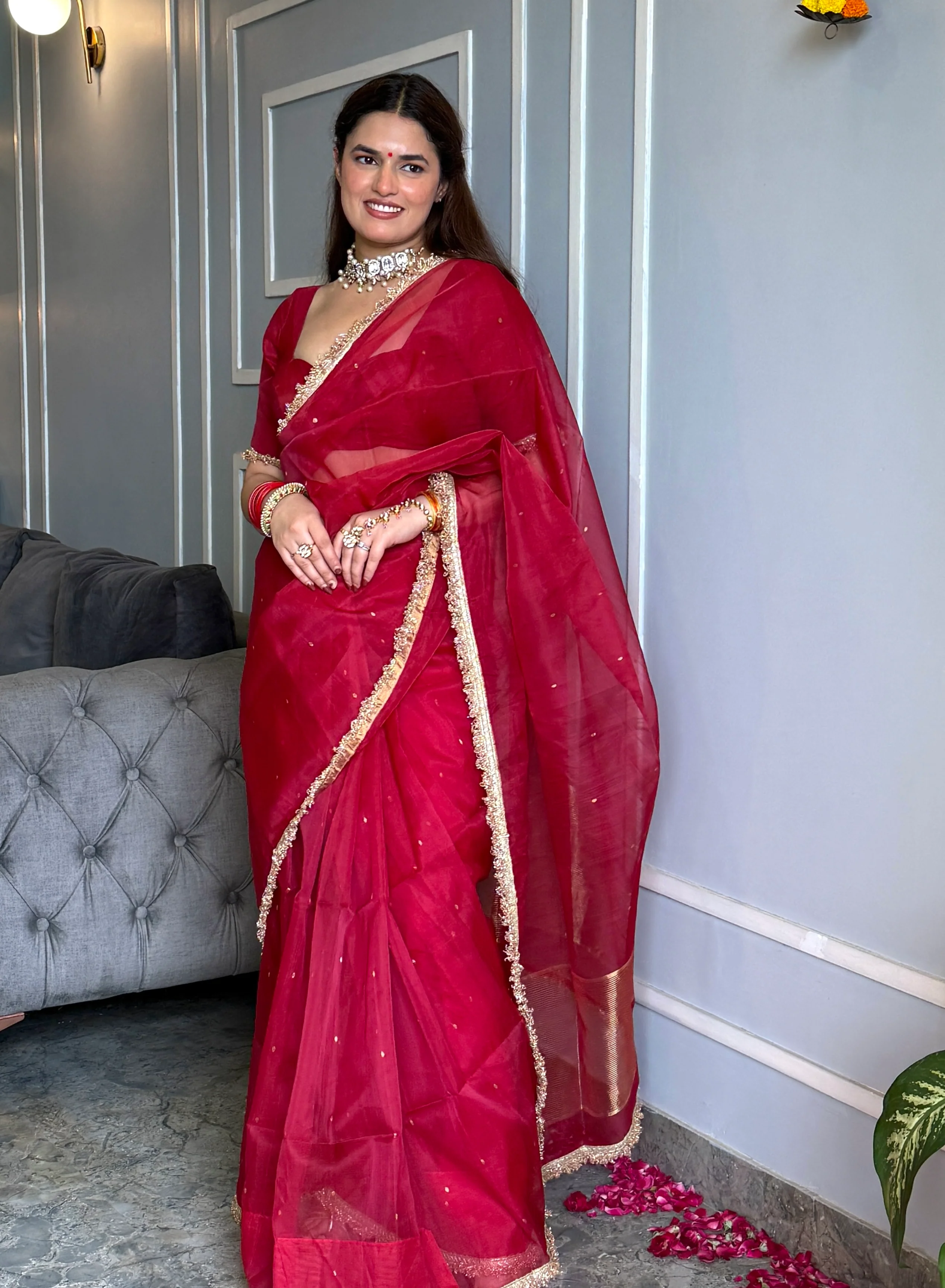 Dark rose chanderi silk saree with zari bootis all over - Image 6