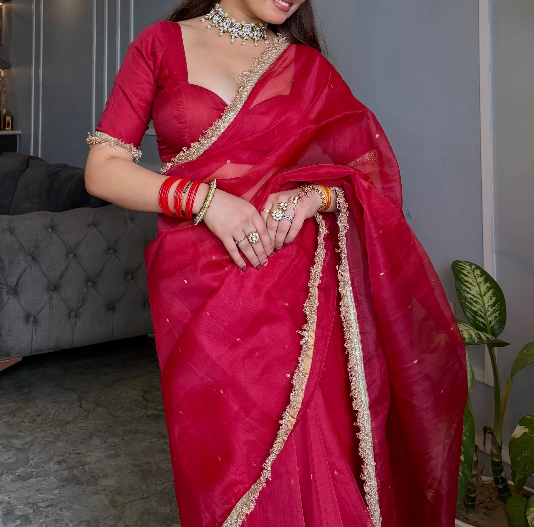 Dark rose chanderi silk saree with zari bootis all over - Image 9