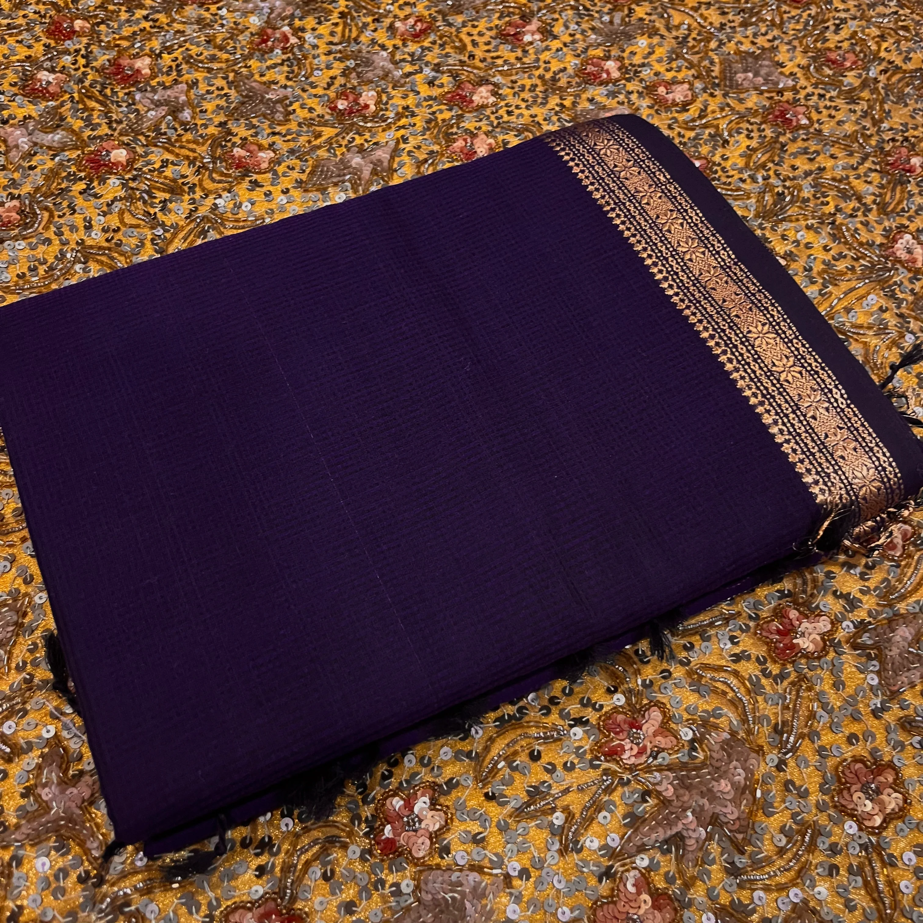 Deep purple Maheshwari saree with zari border and zari lines on pallu - Image 5