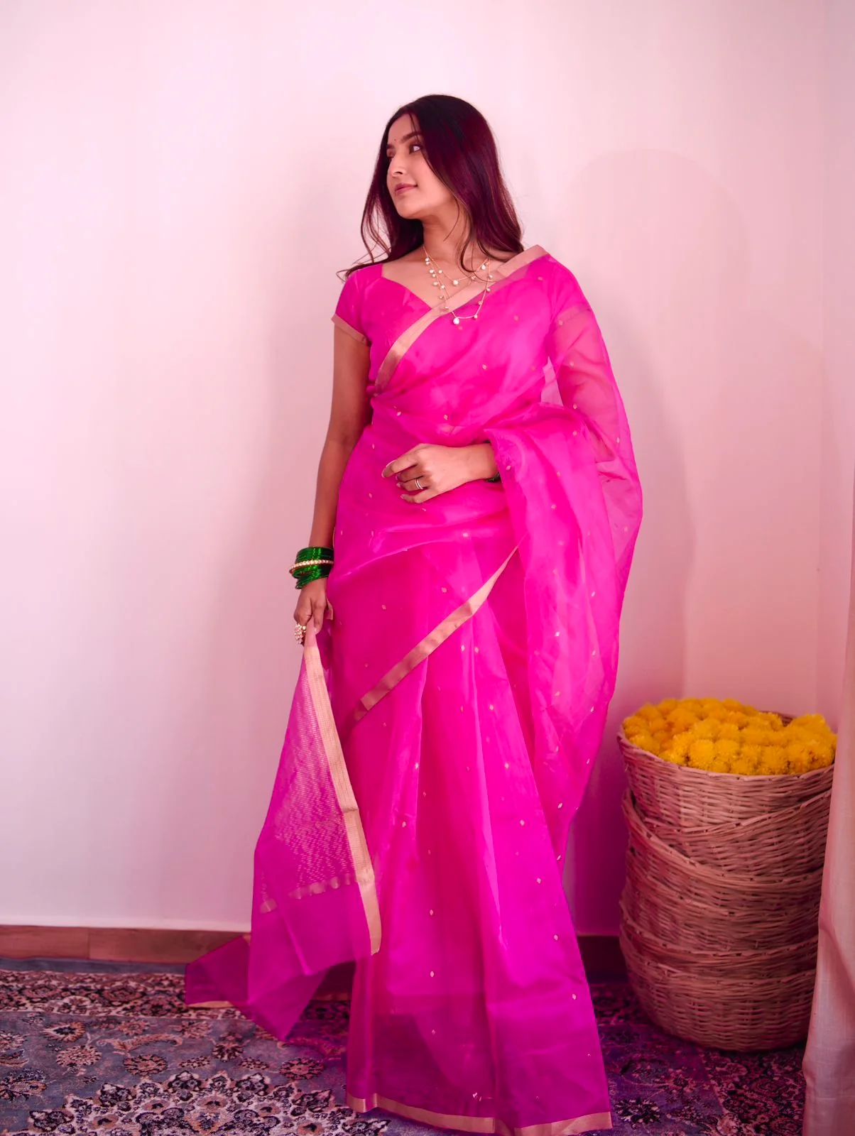 Fuschia pink Chanderi silk saree with zari bootis all over - Image 14