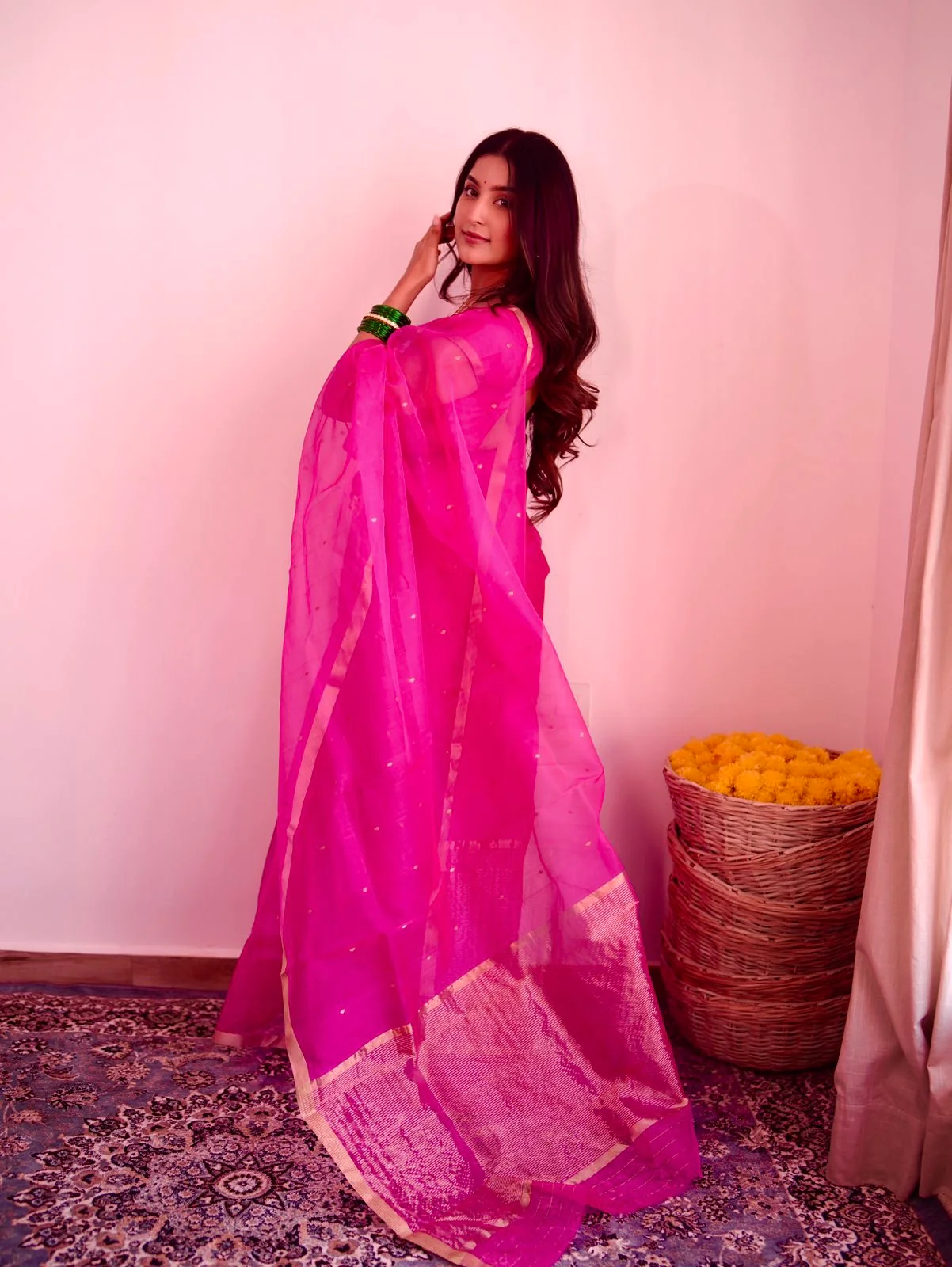 Fuschia pink Chanderi silk saree with zari bootis all over - Image 5