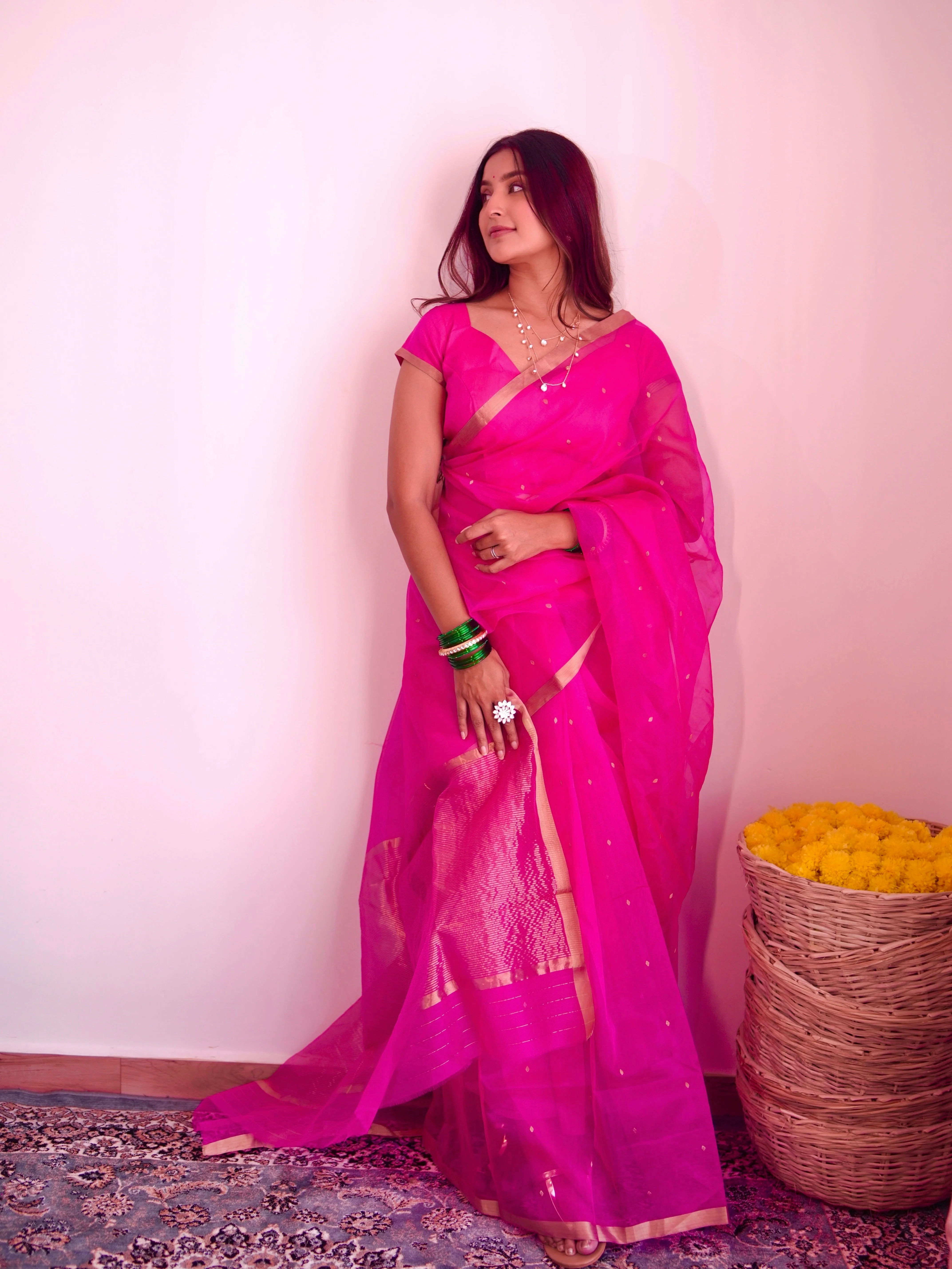 Fuschia pink Chanderi silk saree with zari bootis all over - Image 7