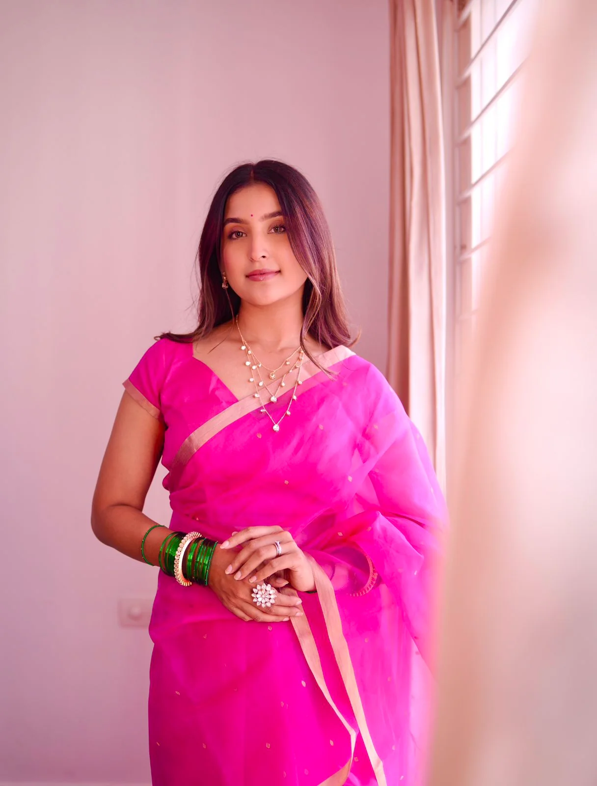Fuschia pink Chanderi silk saree with zari bootis all over - Image 9