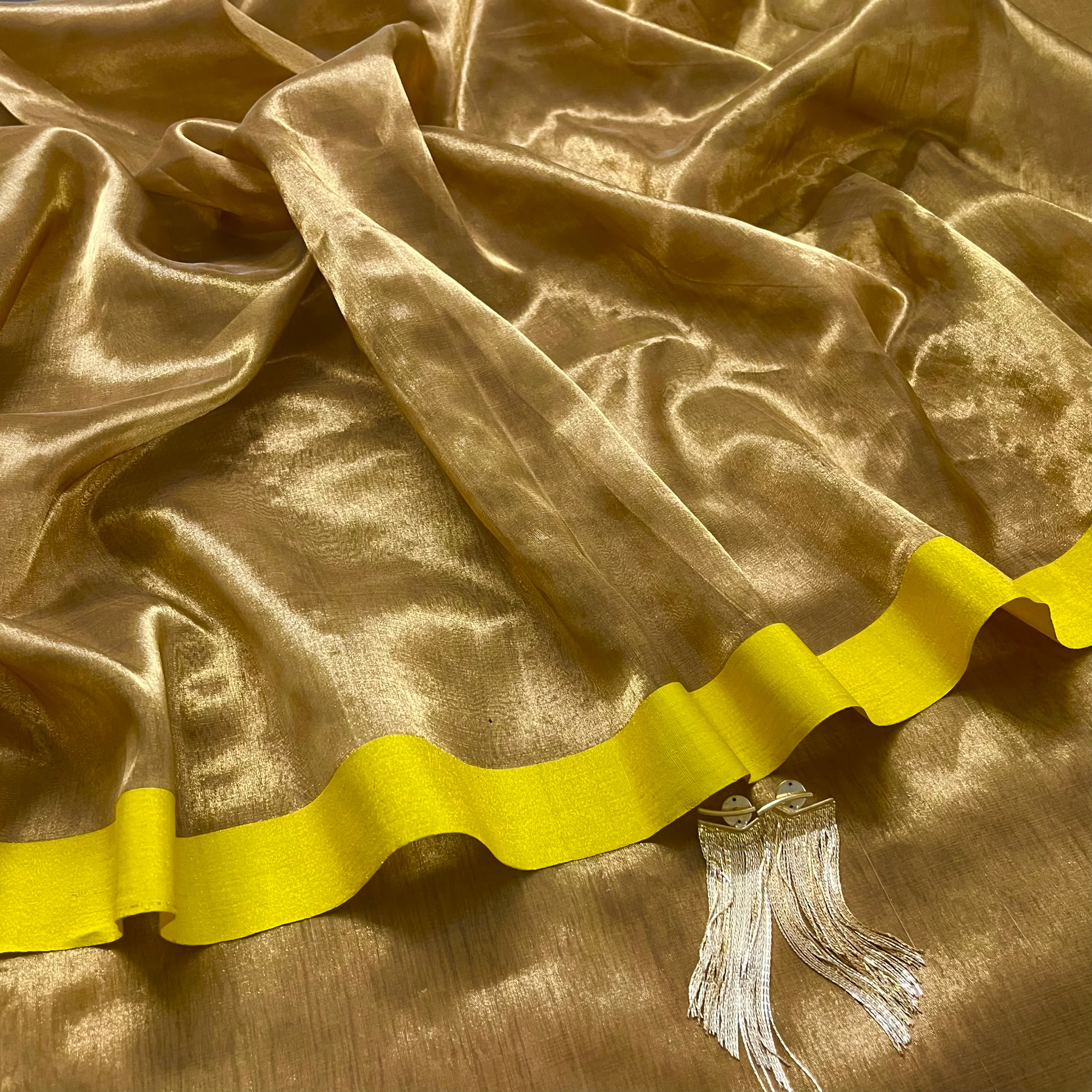 Gold and lemon Chanderi tissue silk with zari lines on pallu - Image 8