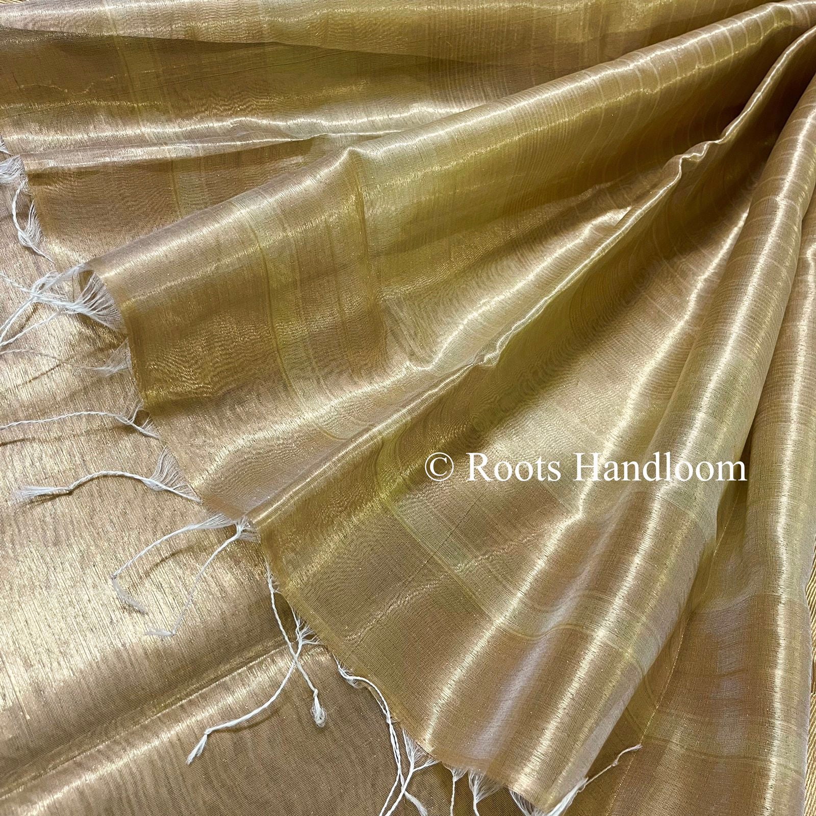 Gold Maheshwari Tissue Silk Saree with Zari Border - Image 7