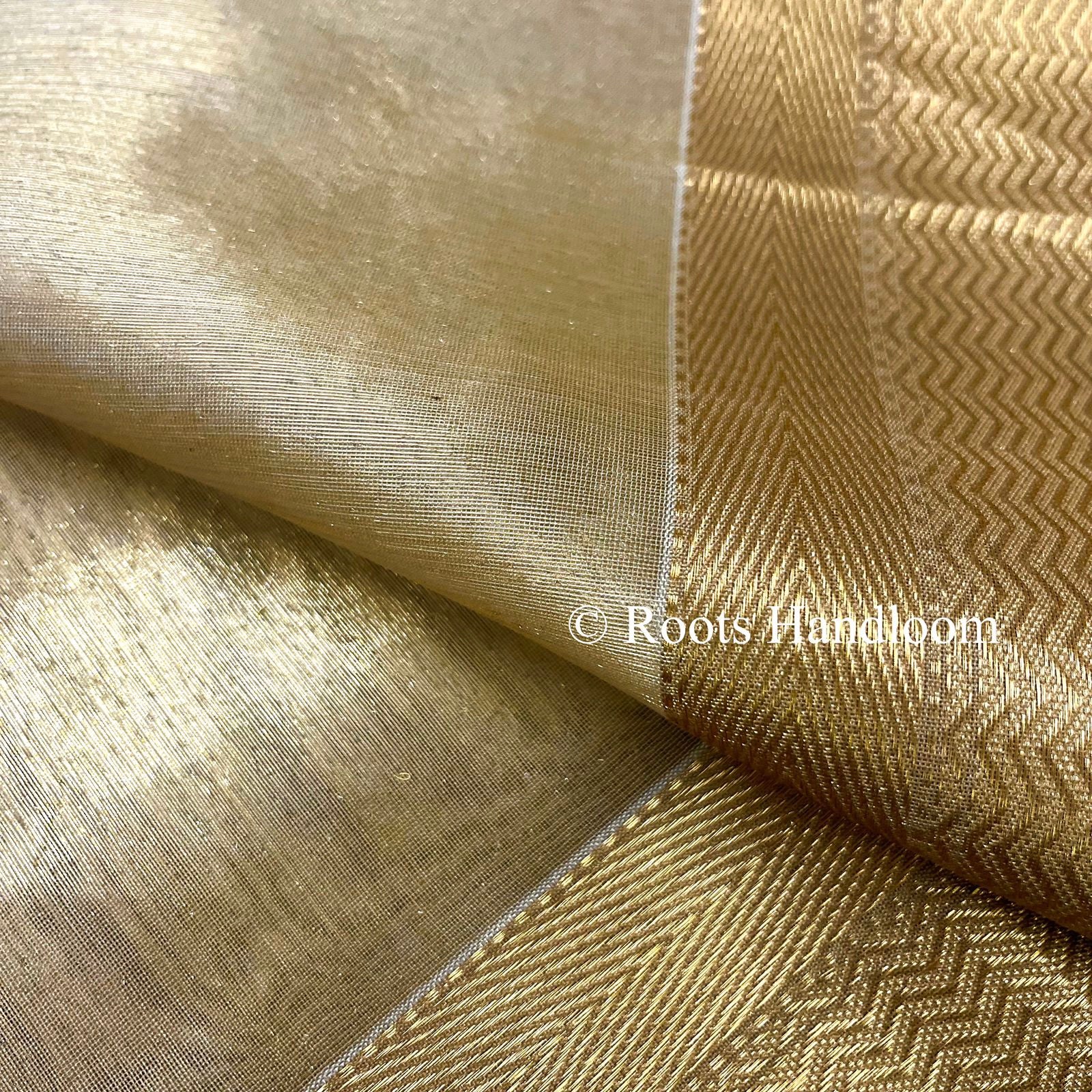 Gold Maheshwari Tissue Silk Saree with Zari Border - Image 9