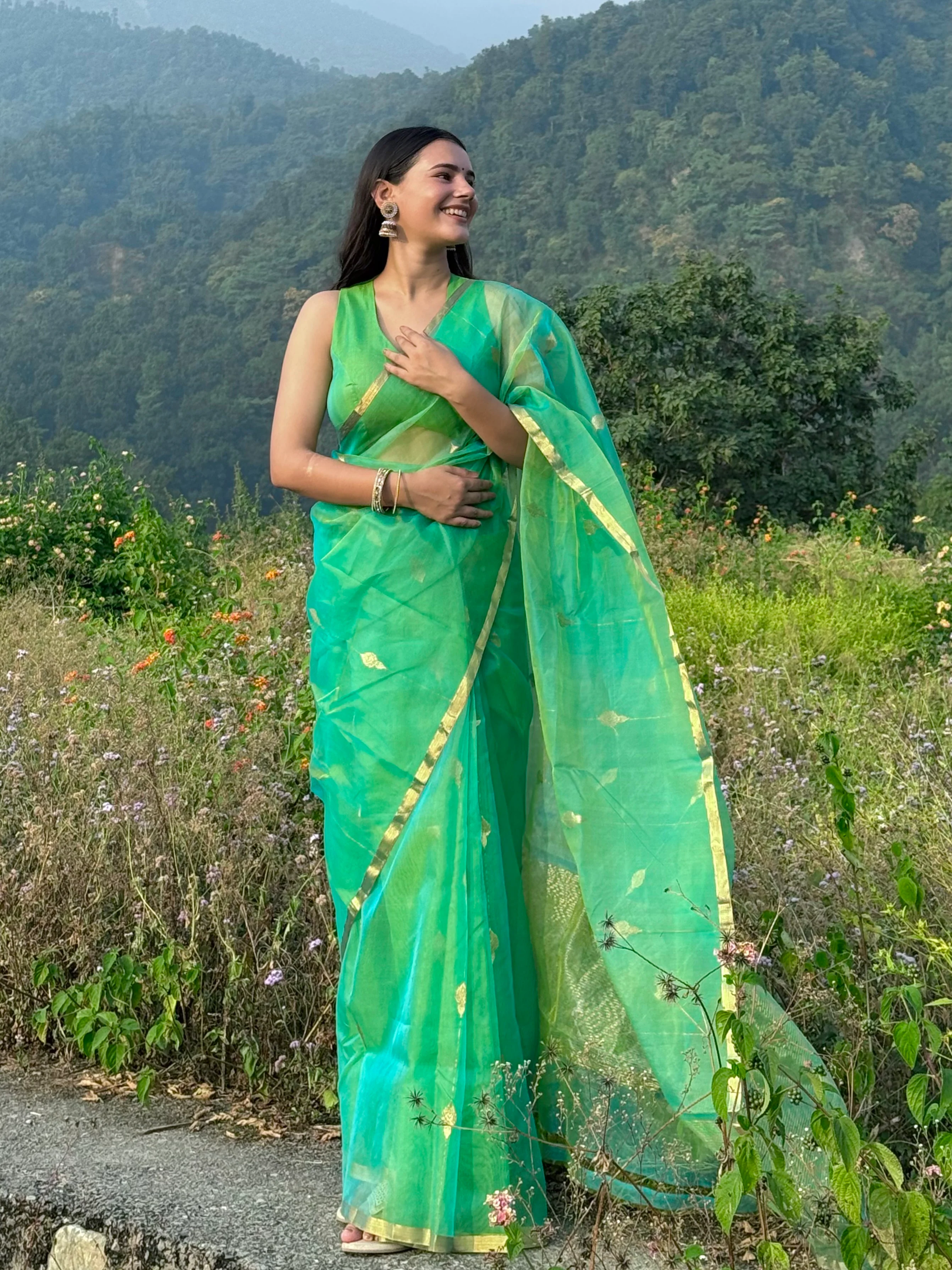 Green and gold dual tone chanderi organza silk saree with jhumka motifs all over - Image 11