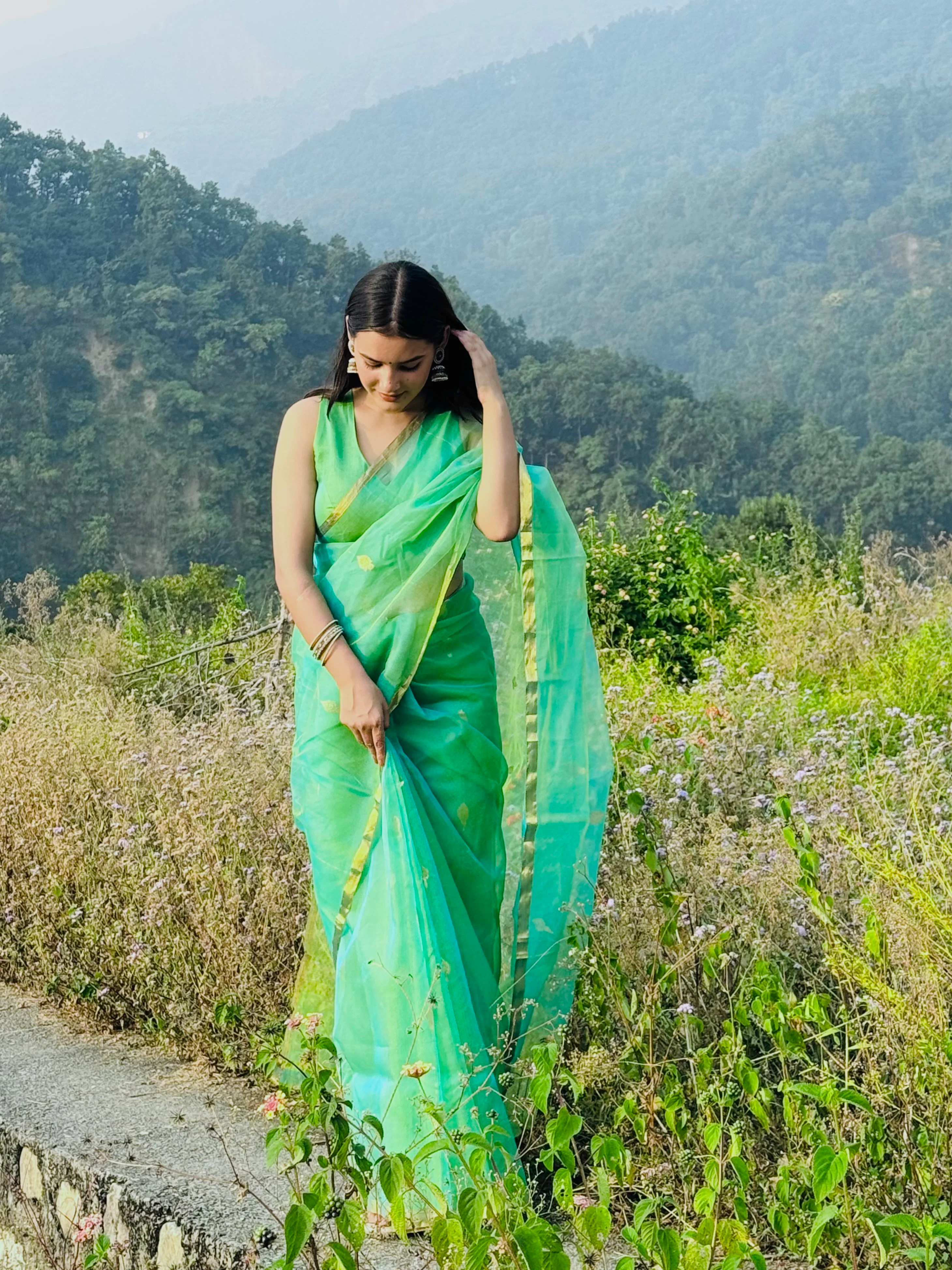 Green and gold dual tone chanderi organza silk saree with jhumka motifs all over - Image 14