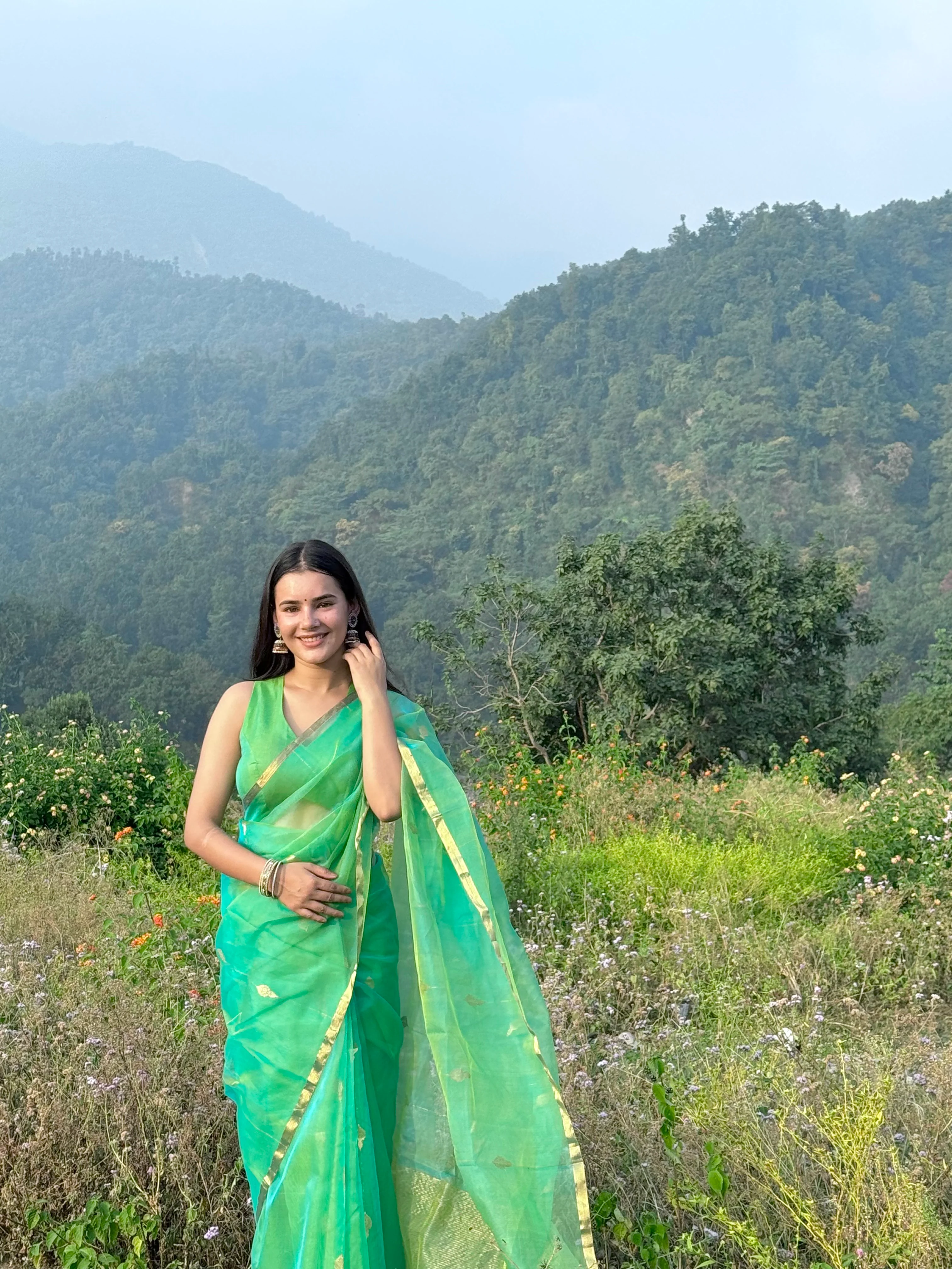 Green and gold dual tone chanderi organza silk saree with jhumka motifs all over - Image 4