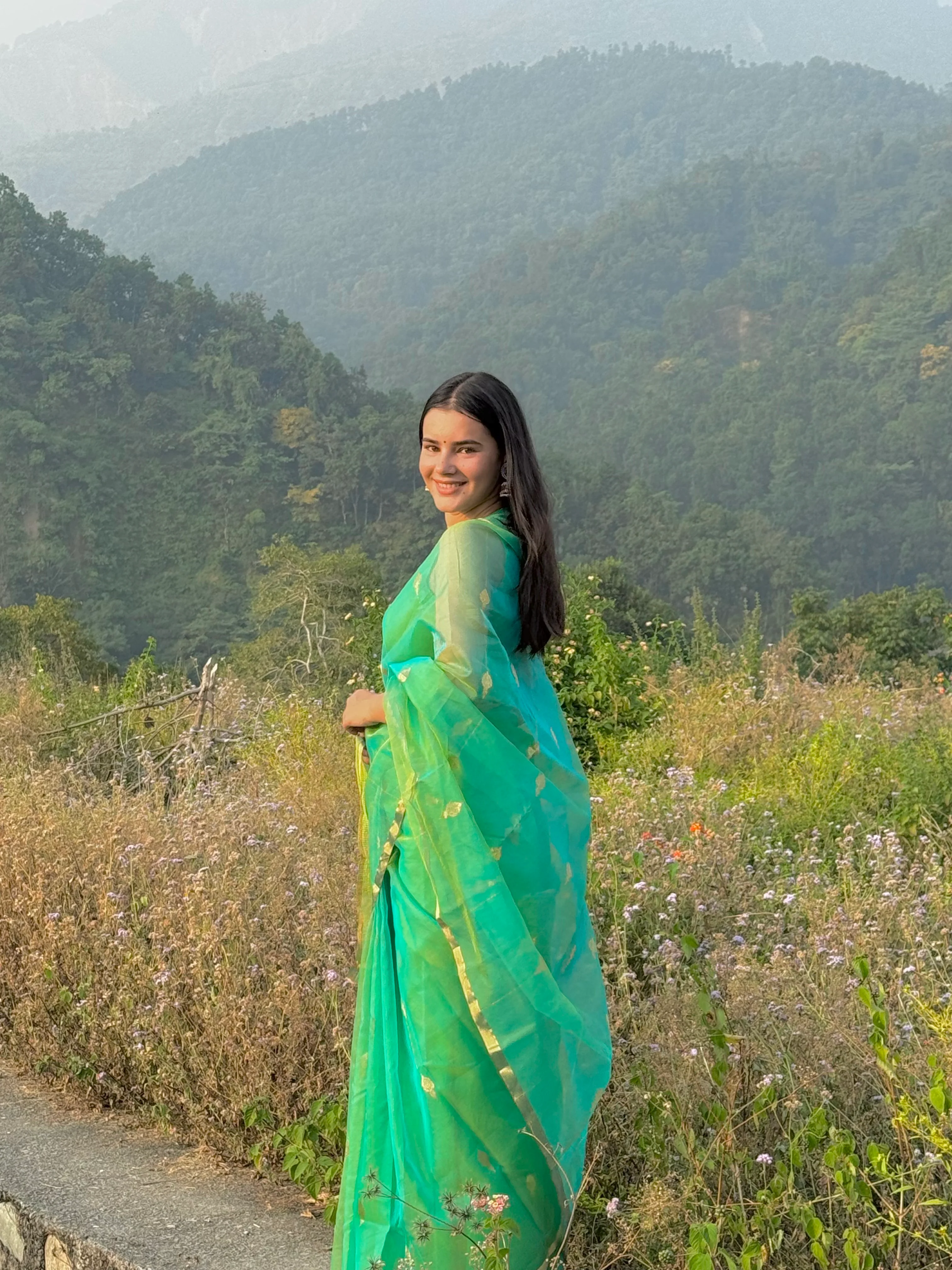 Green and gold dual tone chanderi organza silk saree with jhumka motifs all over - Image 7