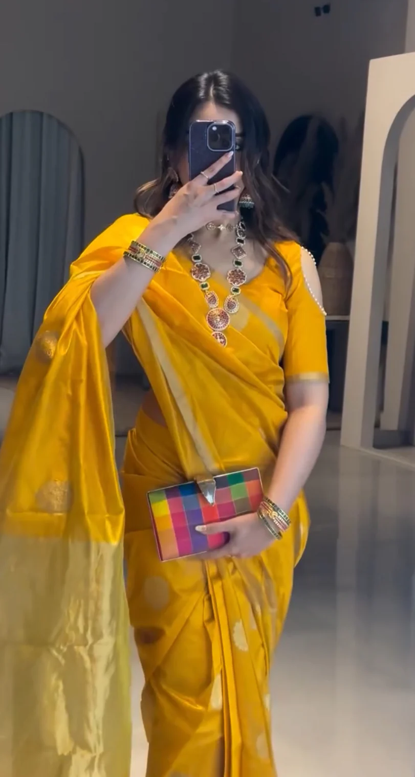Yellow chanderi silk saree with mor motifs all over - Image 10