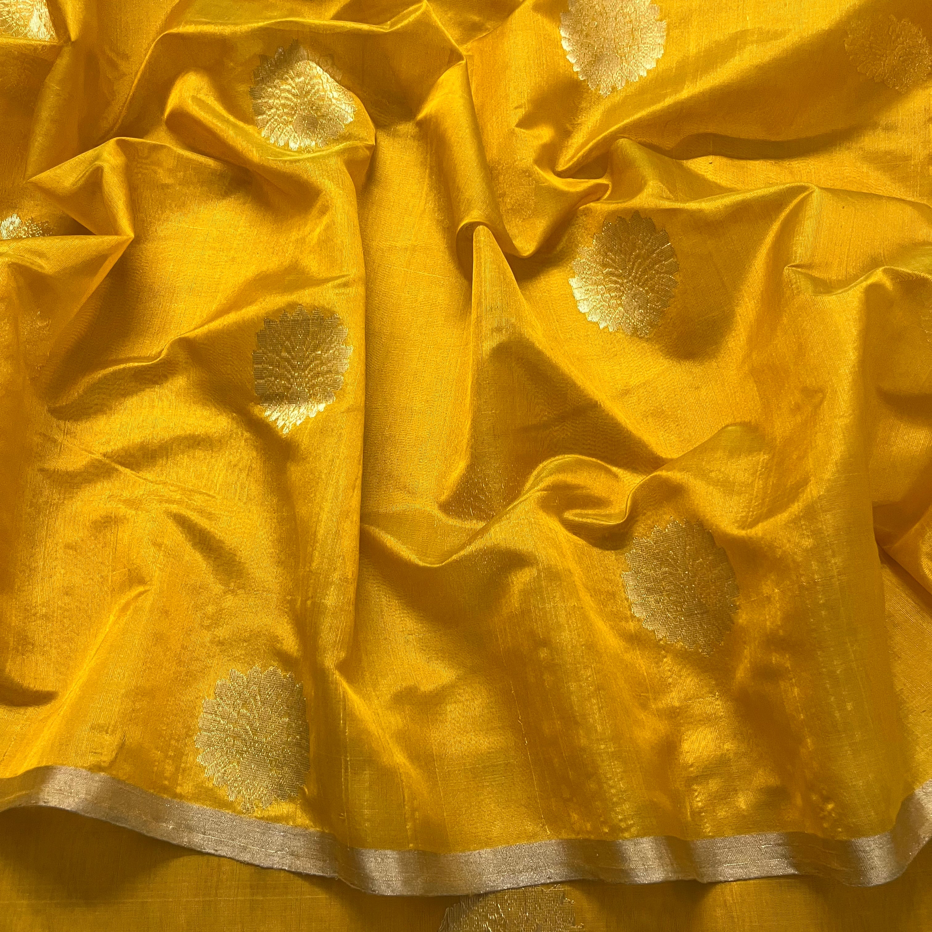 Yellow chanderi silk saree with mor motifs all over - Image 12