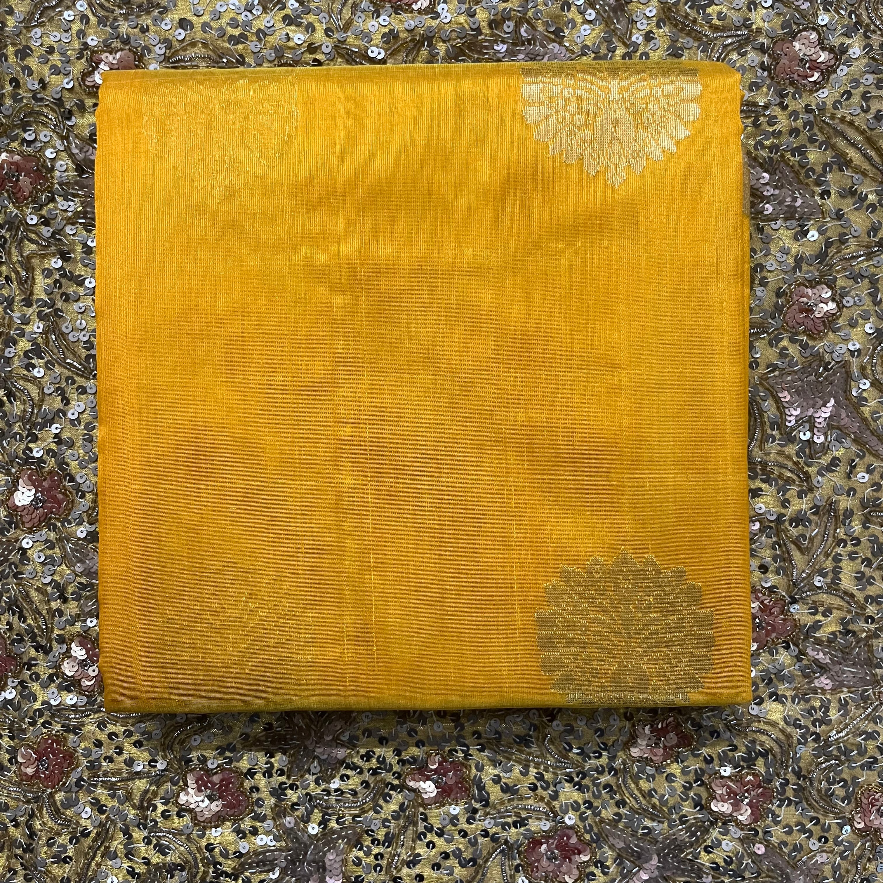 Yellow chanderi silk saree with mor motifs all over - Image 14
