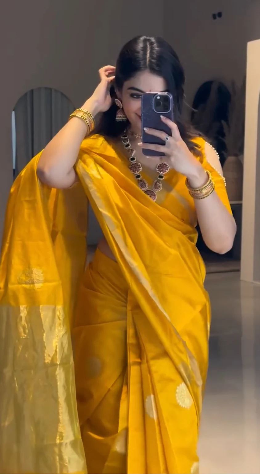 Yellow chanderi silk saree with mor motifs all over - Image 16