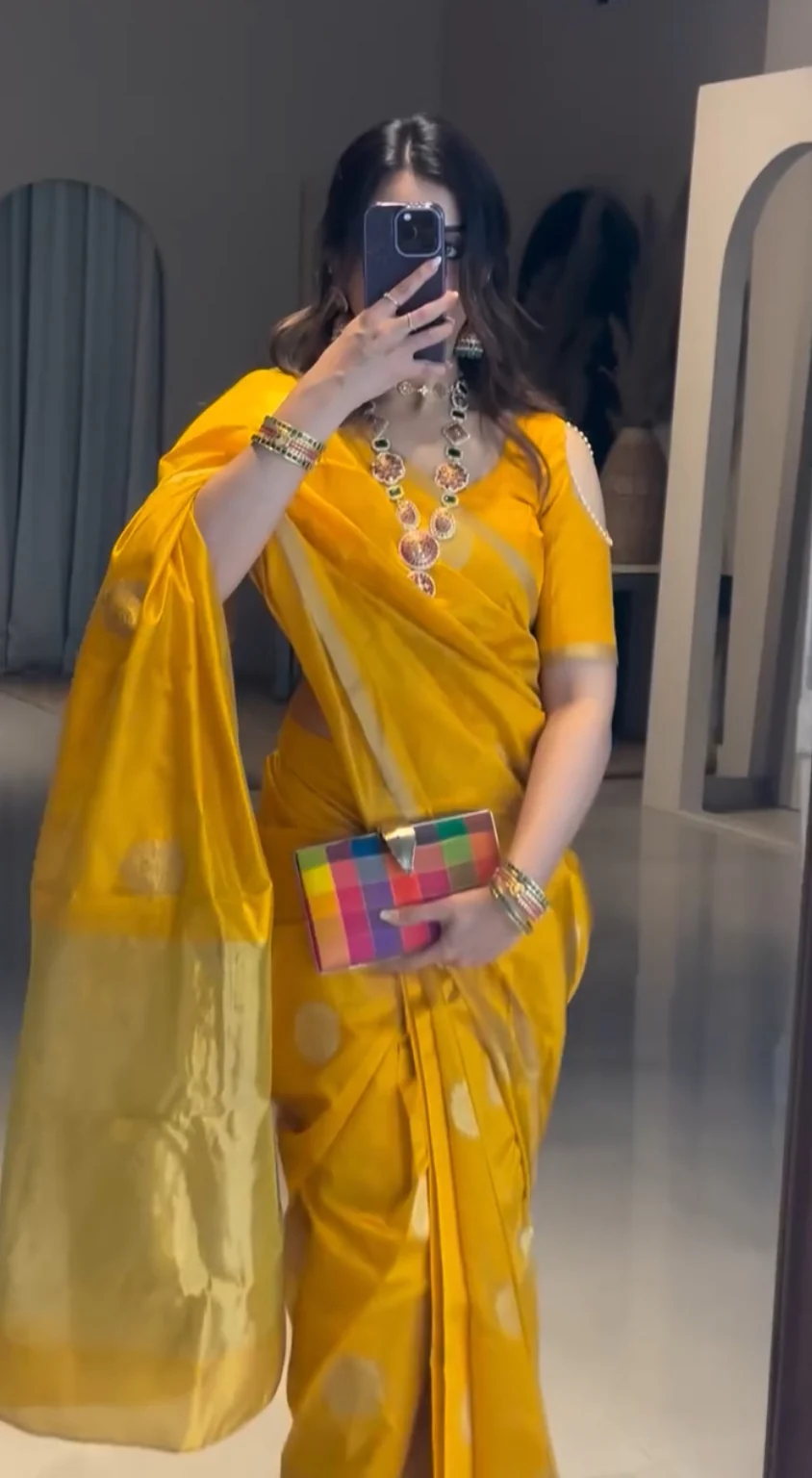 Yellow chanderi silk saree with mor motifs all over - Image 18