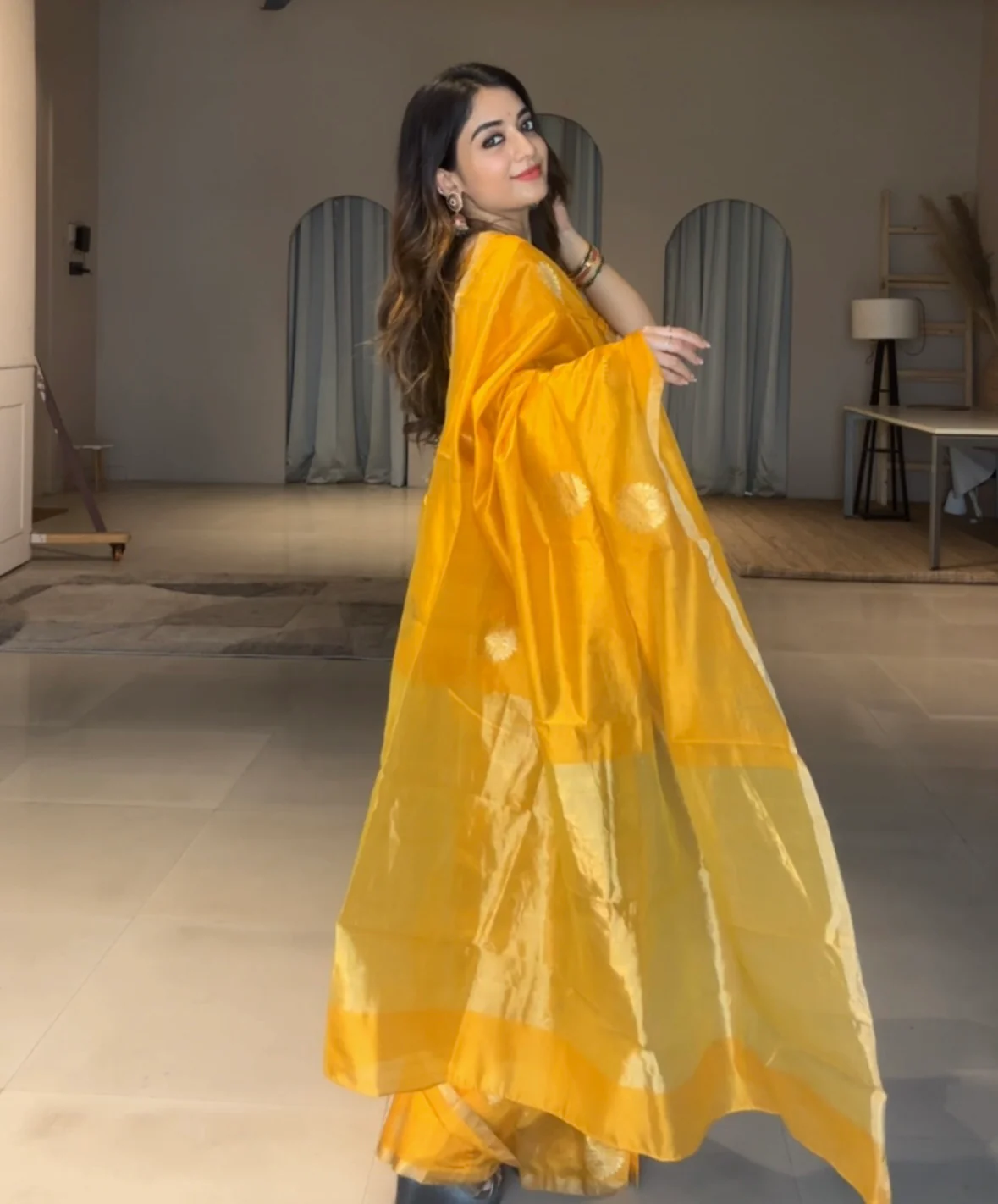 Yellow chanderi silk saree with mor motifs all over - Image 19