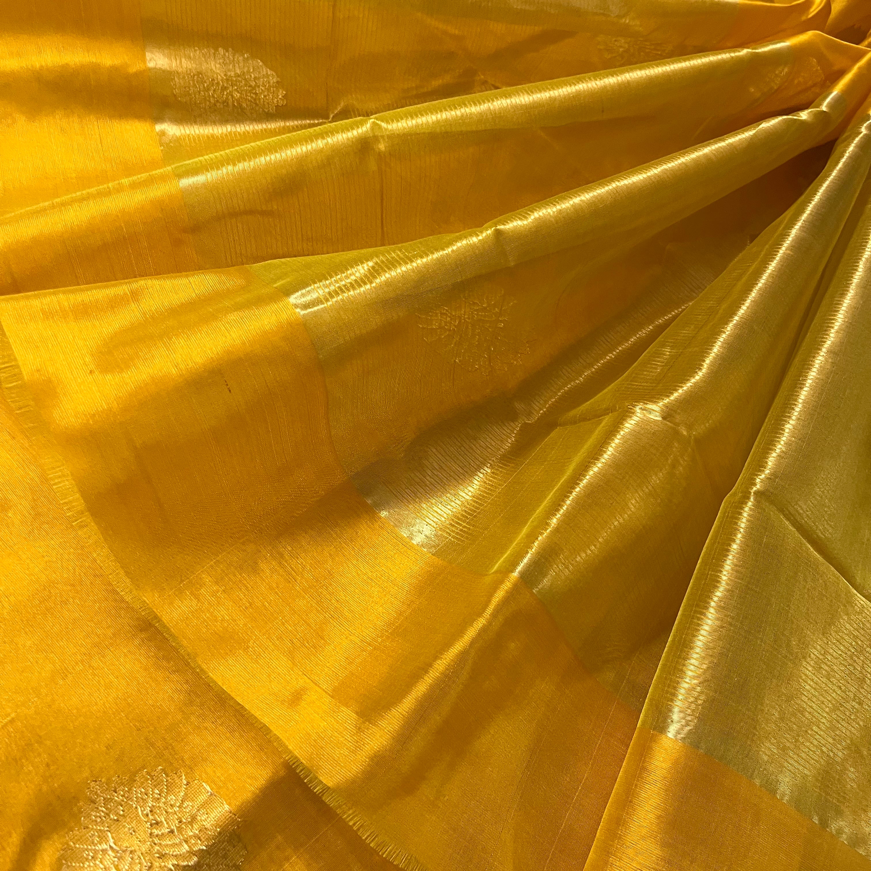 Yellow chanderi silk saree with mor motifs all over - Image 3