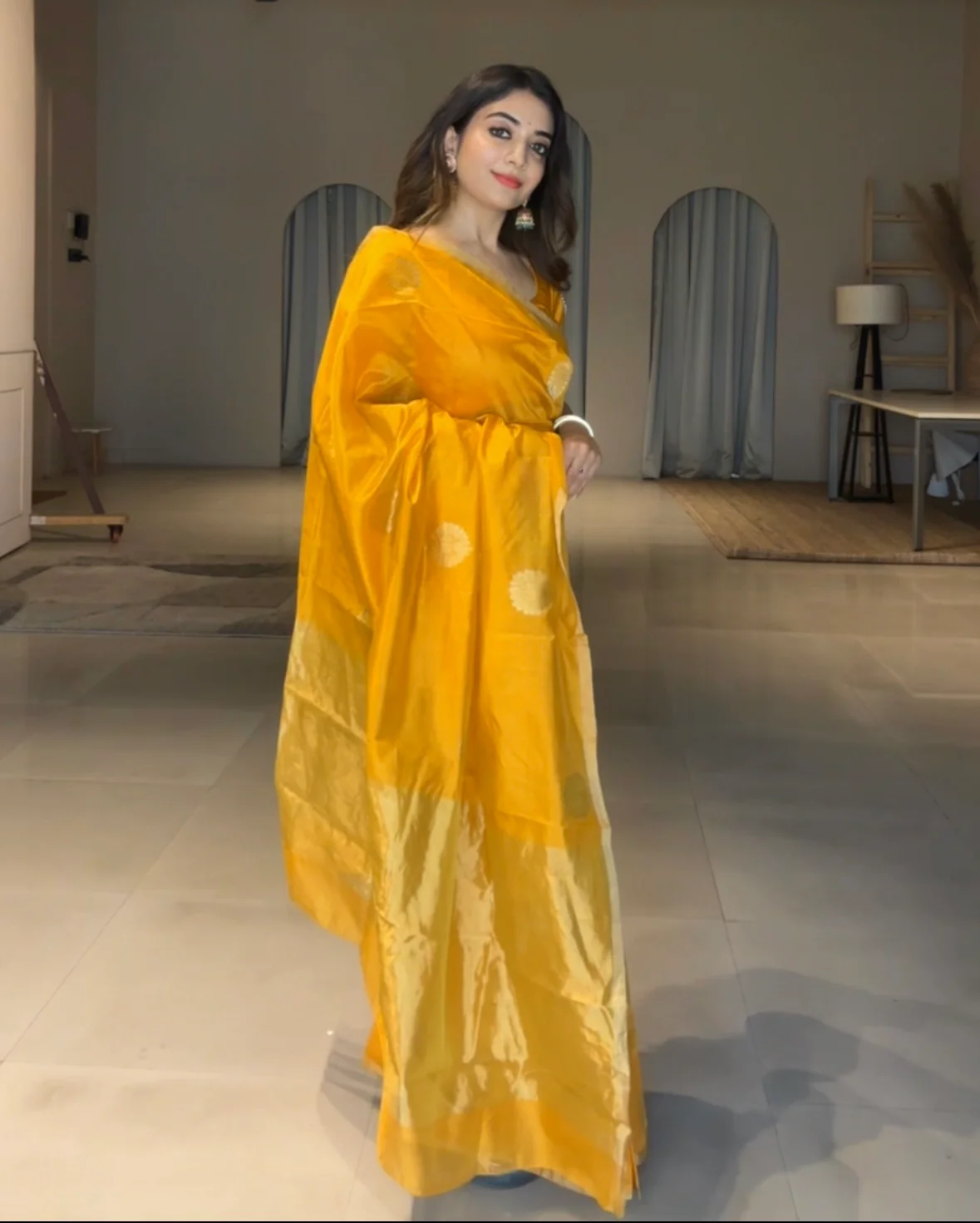 Yellow chanderi silk saree with mor motifs all over - Image 5