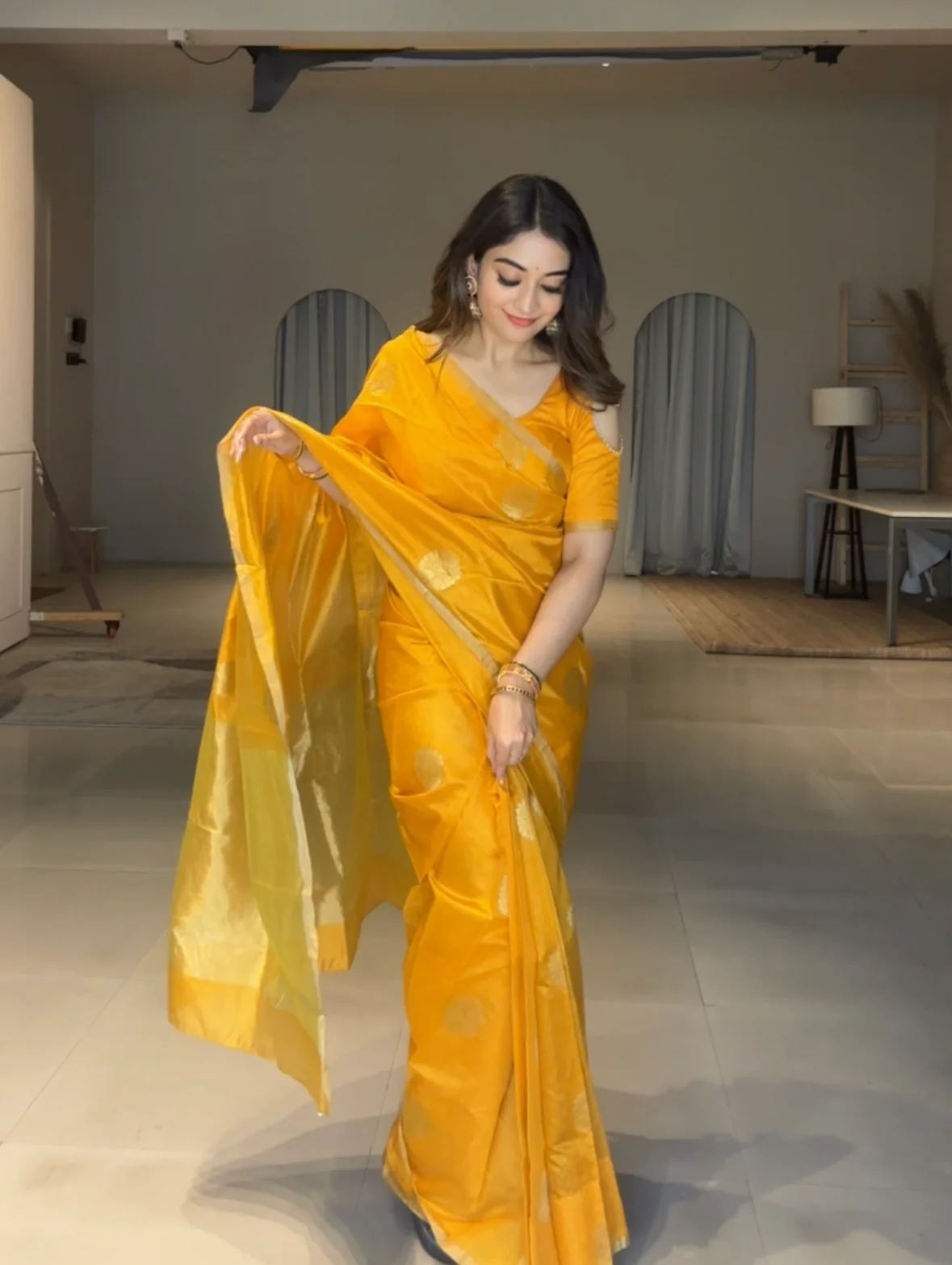 Yellow chanderi silk saree with mor motifs all over - Image 7