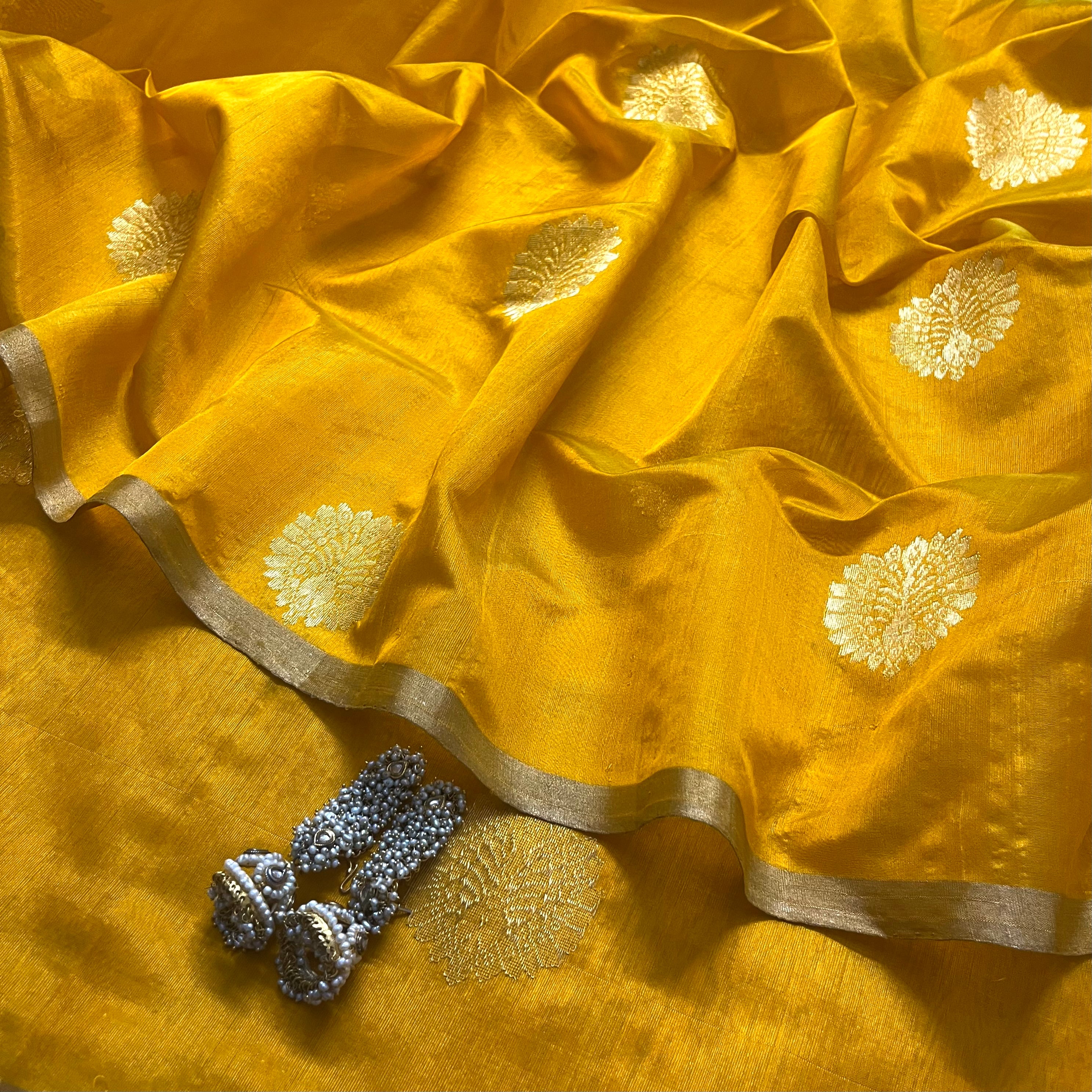 Yellow chanderi silk saree with mor motifs all over - Image 8