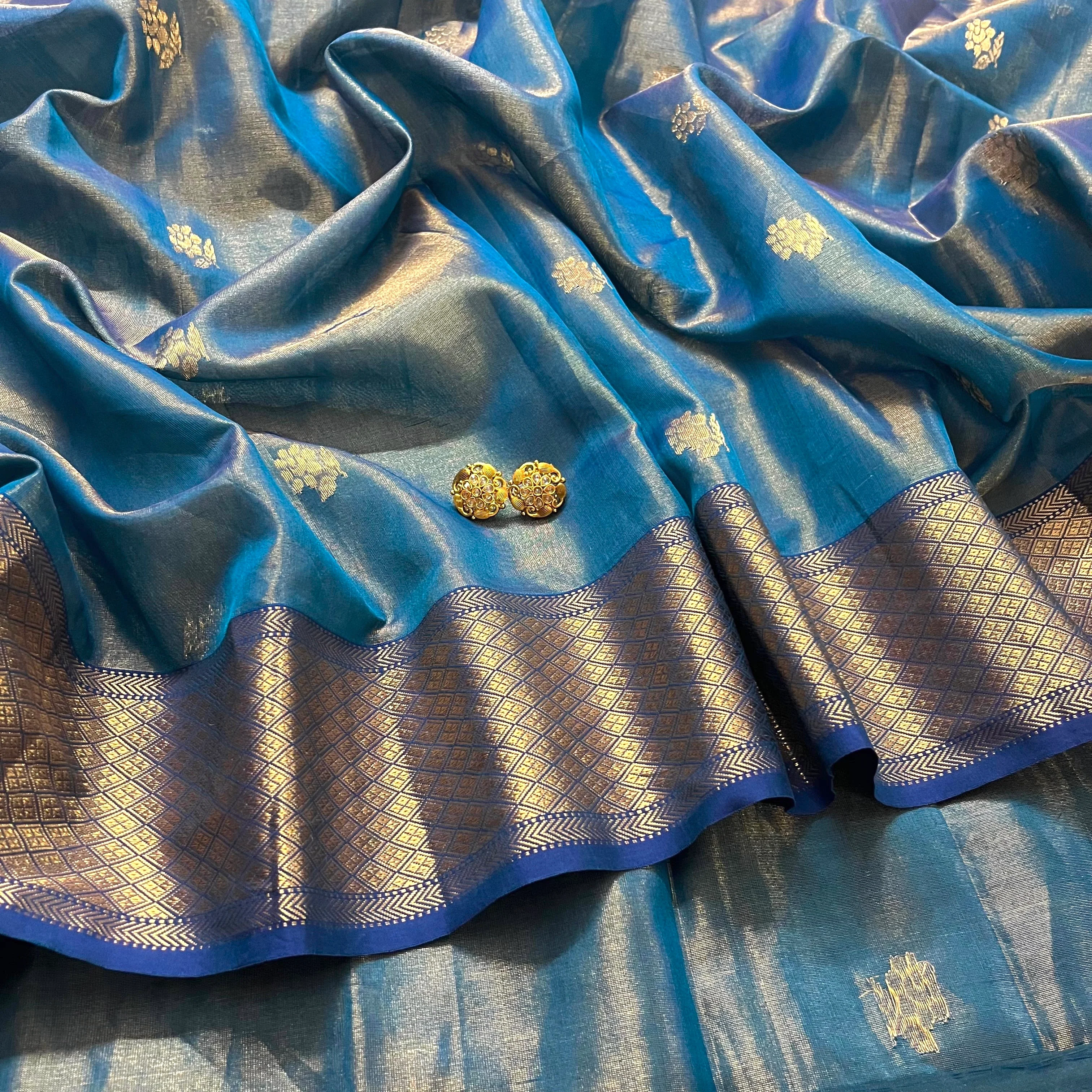 Peacock blue maheshwari tissue silk saree with flower motifs all over - Image 2