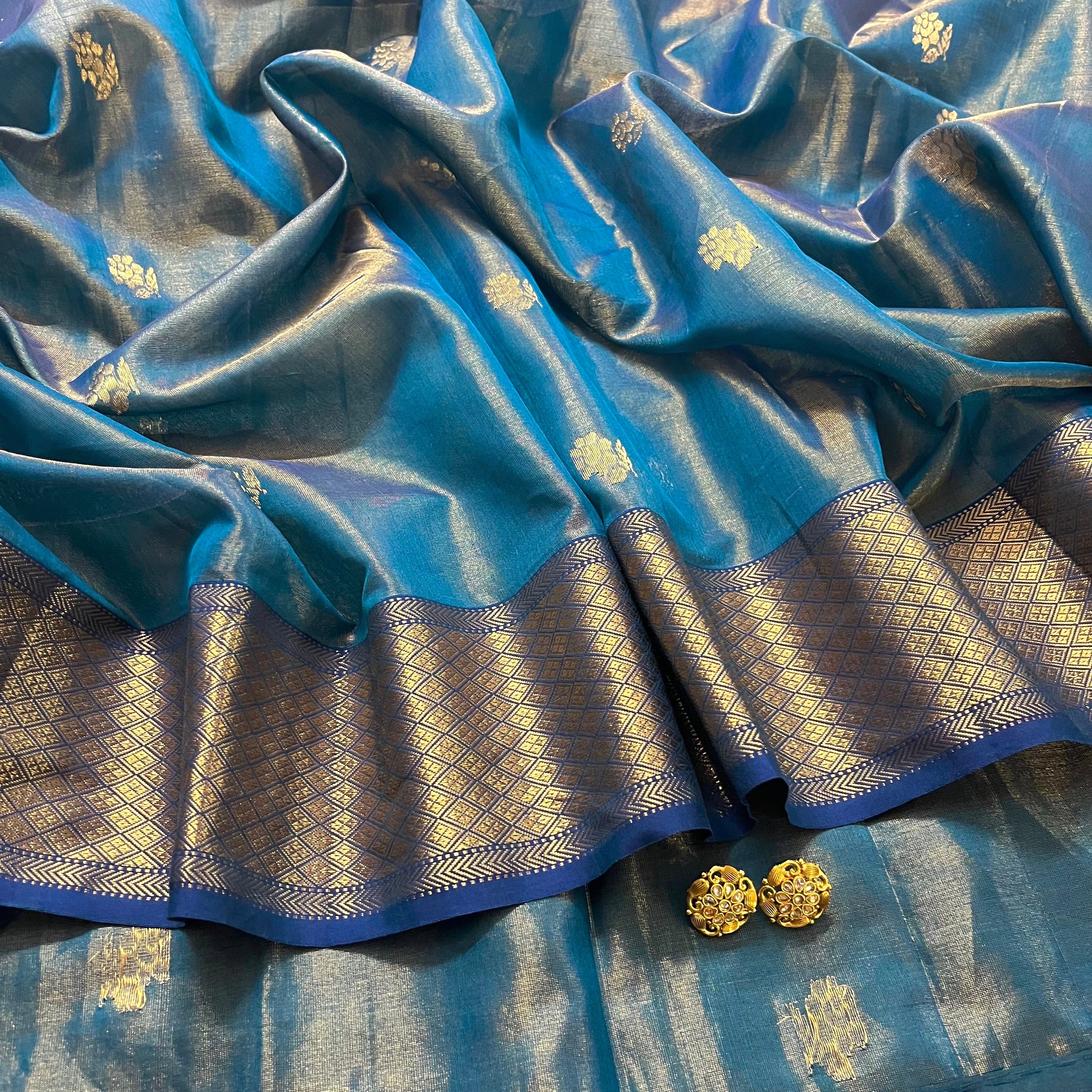 Peacock blue maheshwari tissue silk saree with flower motifs all over - Image 5