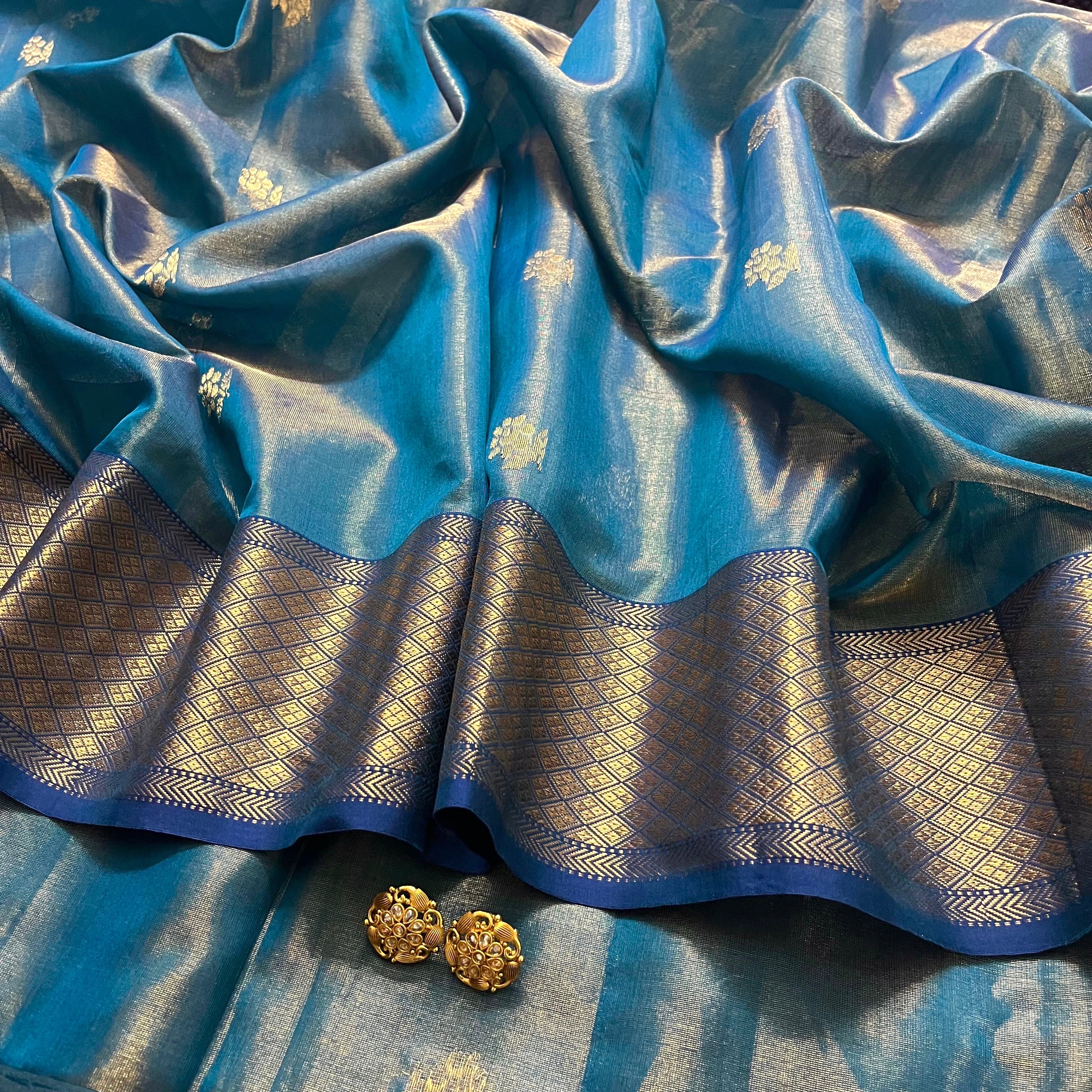 Peacock blue maheshwari tissue silk saree with flower motifs all over - Image 7
