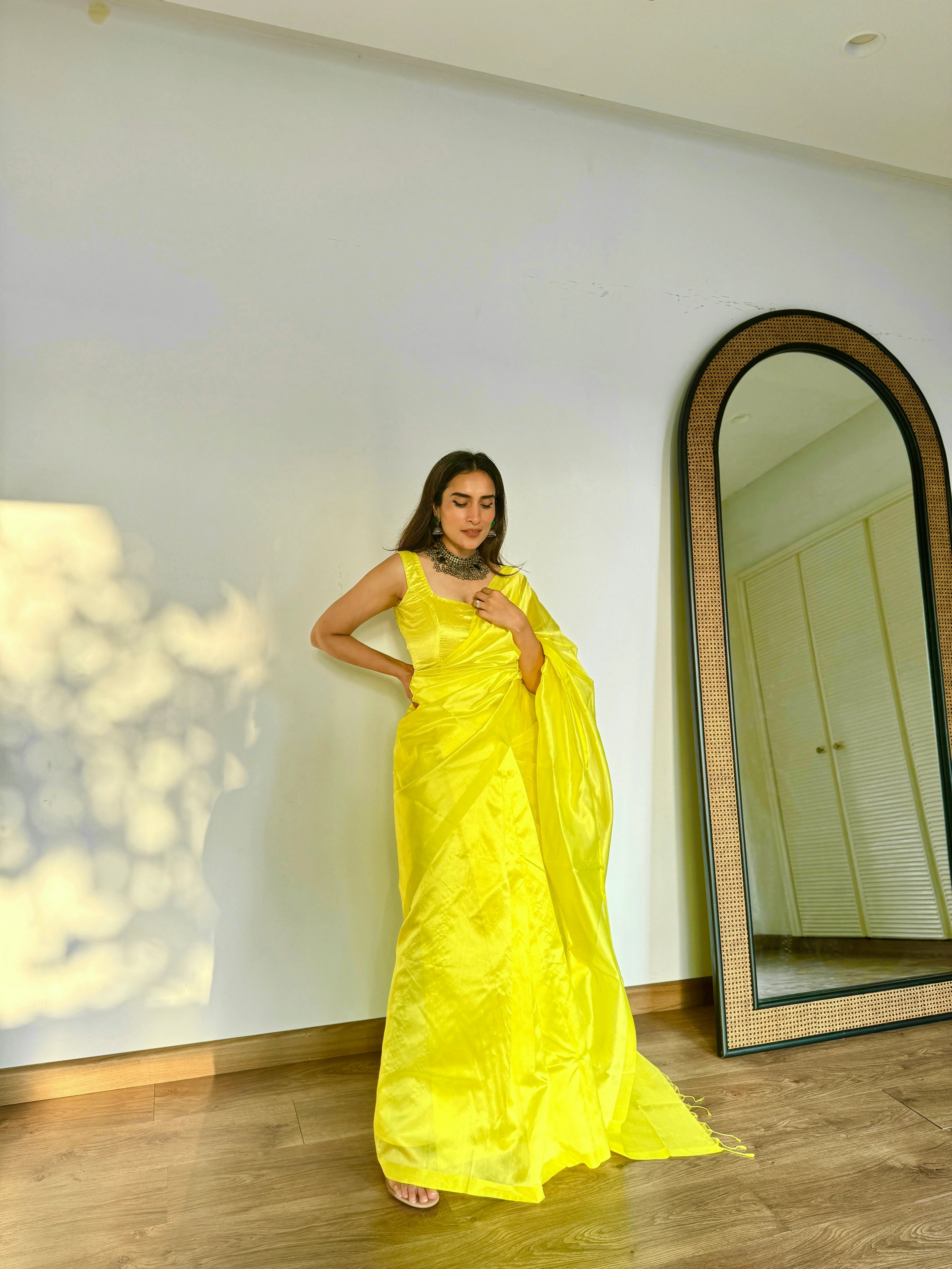 Lemon yellow Chanderi silk saree with silk border - Image 10