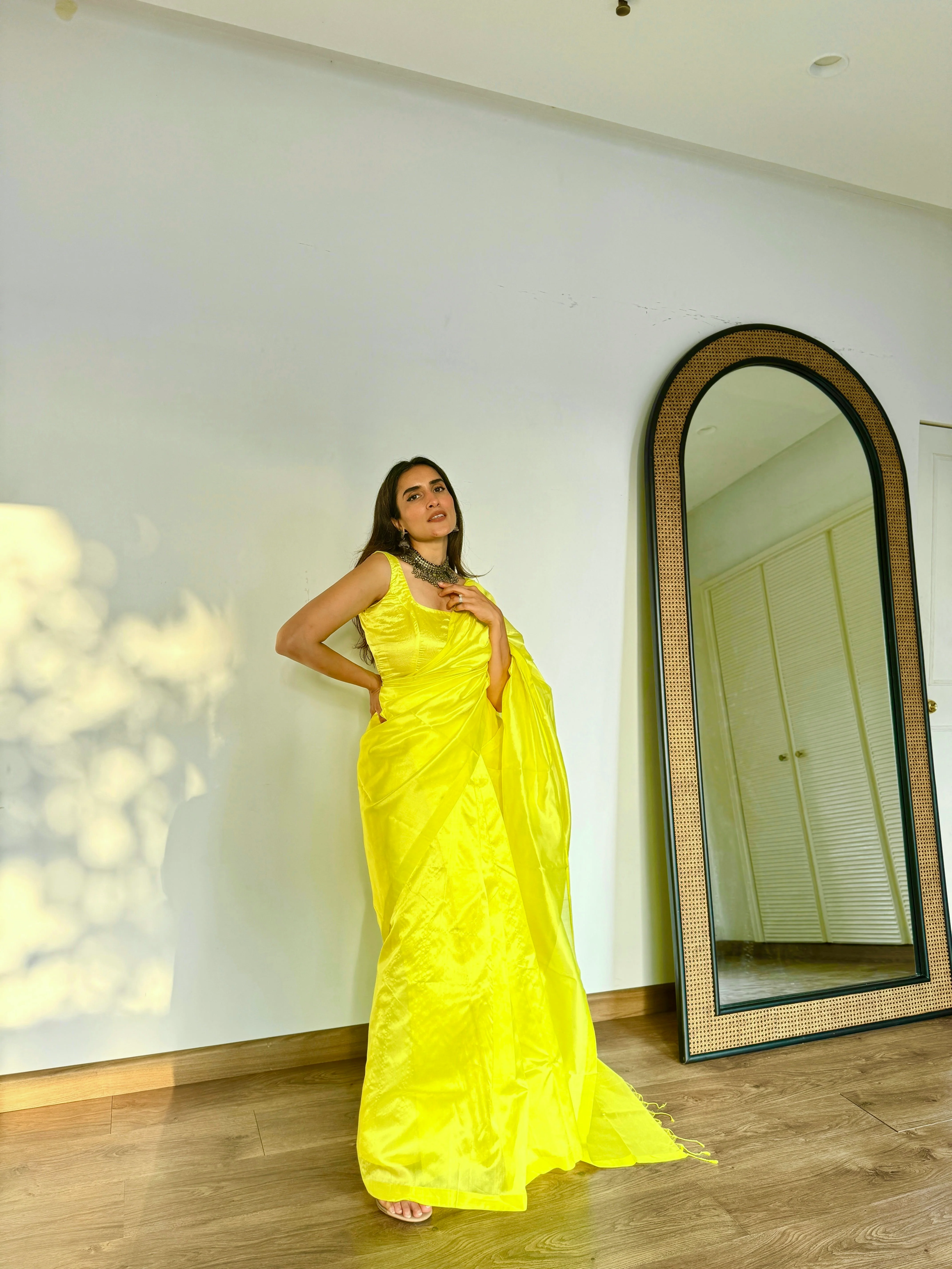 Lemon yellow Chanderi silk saree with silk border - Image 9