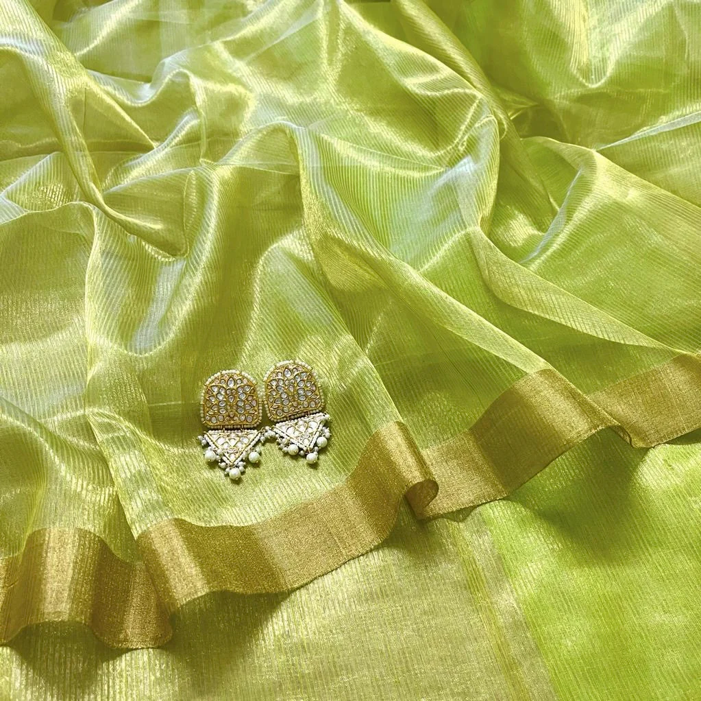 Lime green maheshwari saree with zari lines all over - Image 11