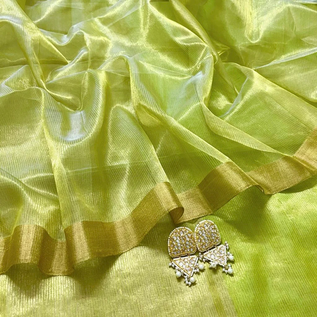 Lime green maheshwari saree with zari lines all over - Image 3