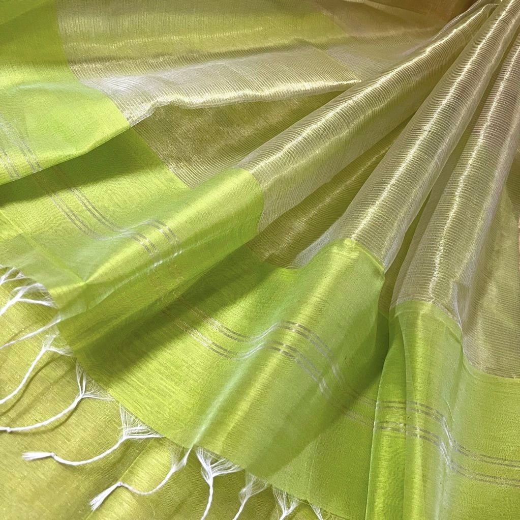 Lime green maheshwari saree with zari lines all over - Image 6