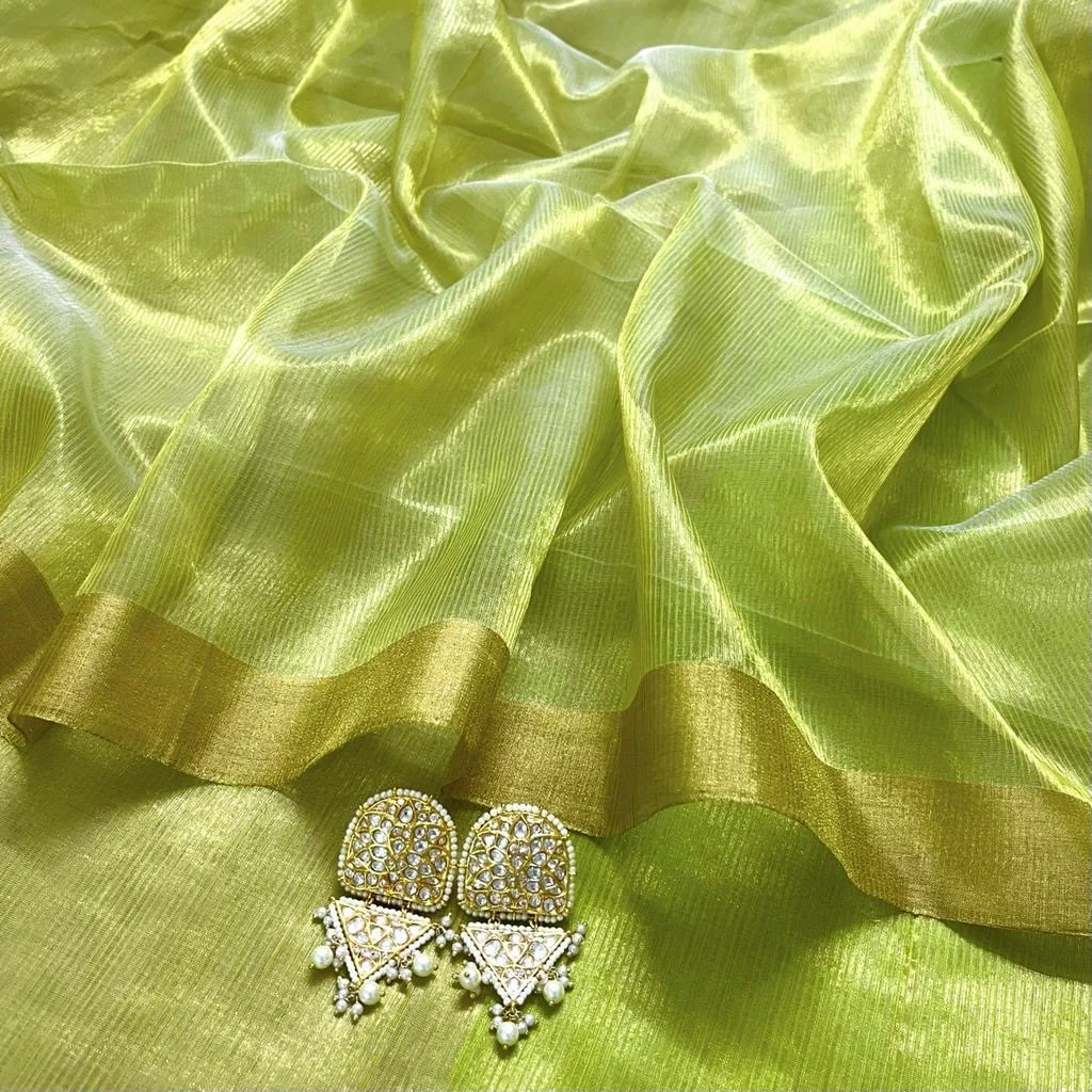 Lime green maheshwari saree with zari lines all over - Image 7
