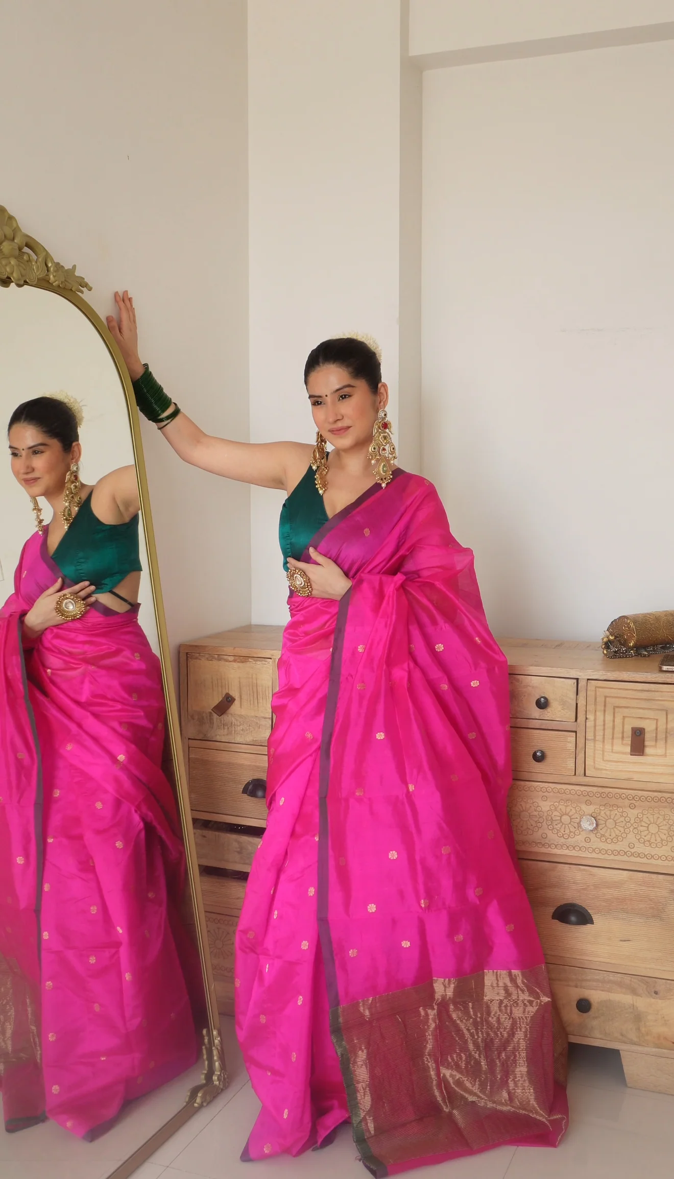 Magenta pink chanderi silk saree with flower bootis all over - Image 16