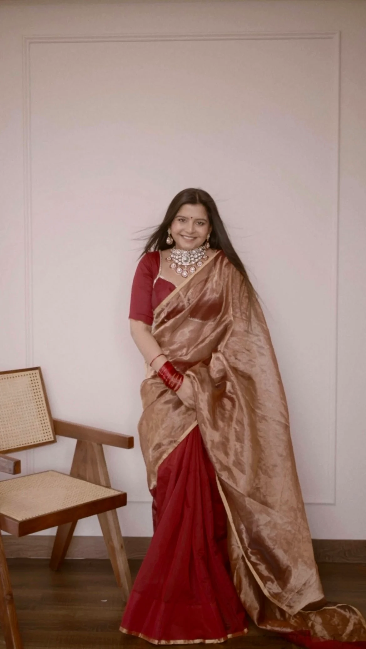 Deep maroon & gold maheshwari saree with zari border - Image 7