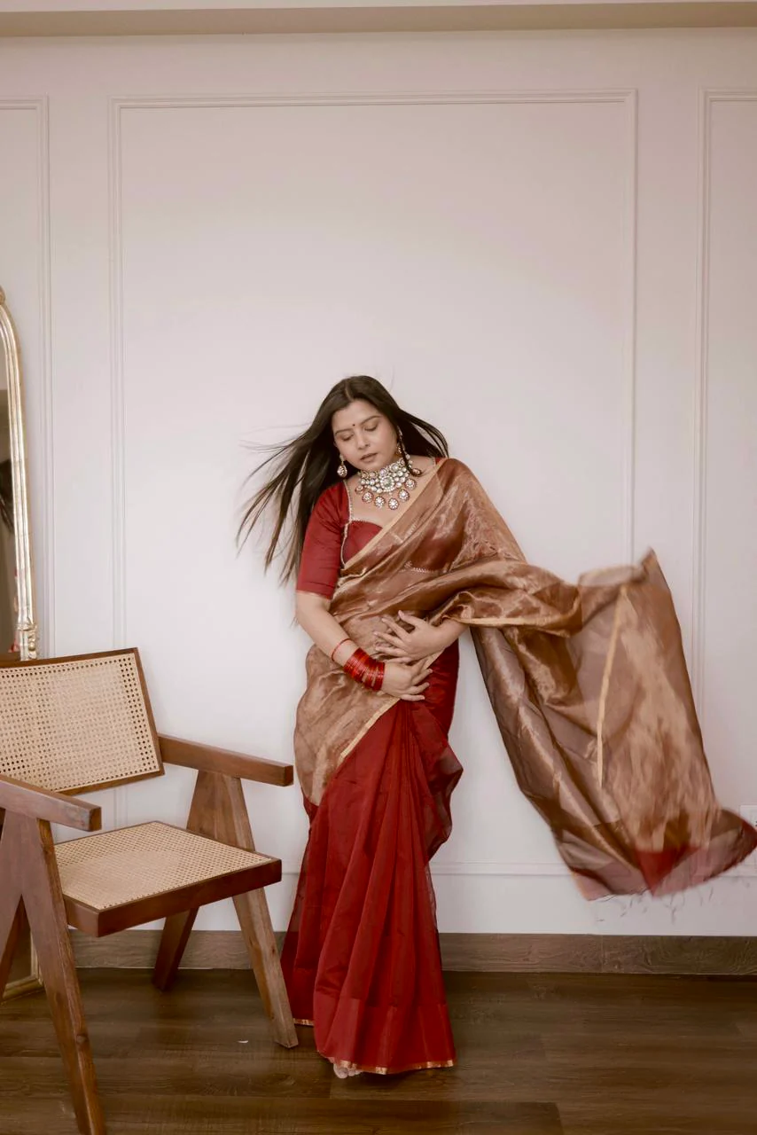 Deep maroon & gold maheshwari saree with zari border - Image 8