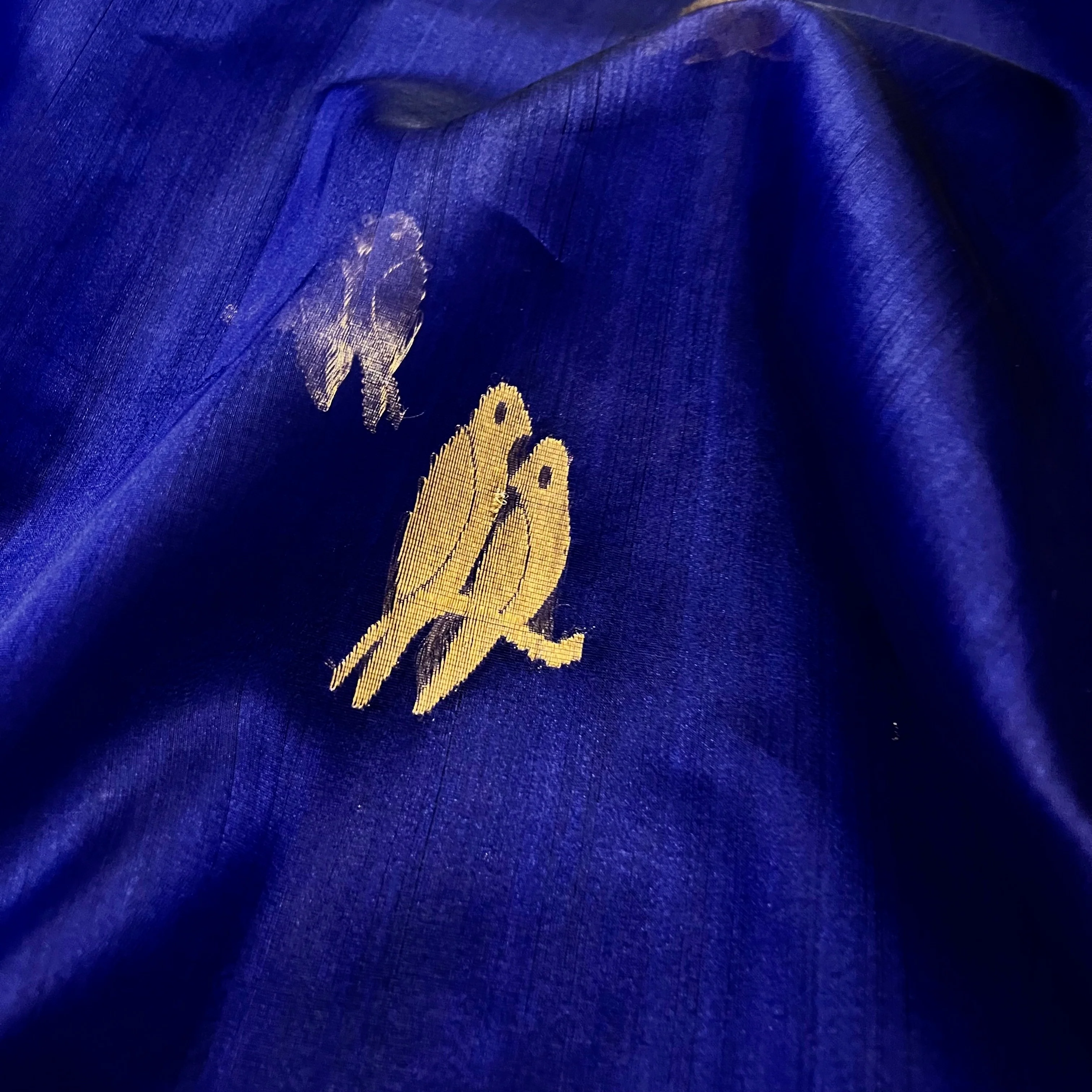 Midnight blue chanderi organza silk saree with bird motifs all over - Image 9