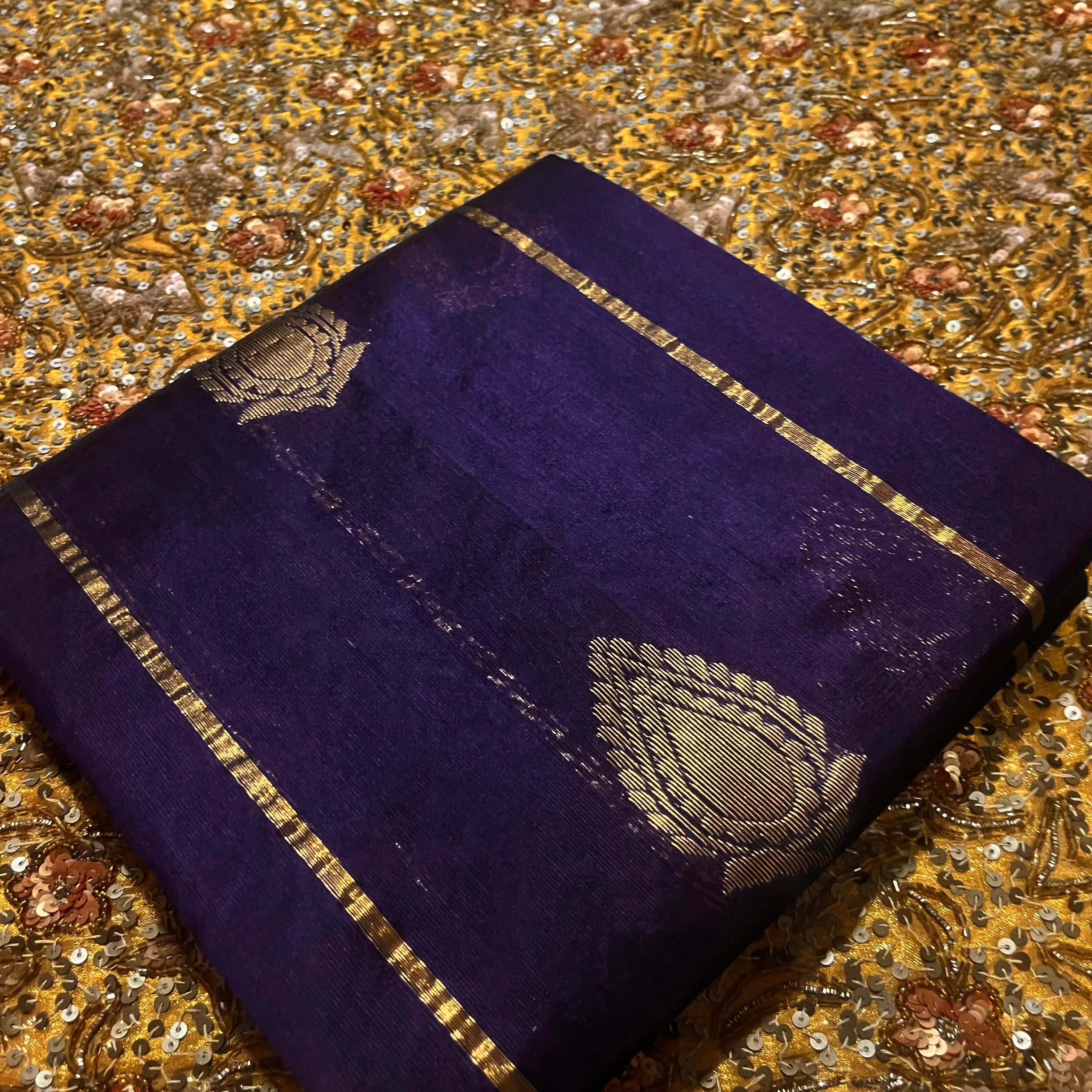 Midnight blue Chanderi silk saree with zari motifs all over - Image 14