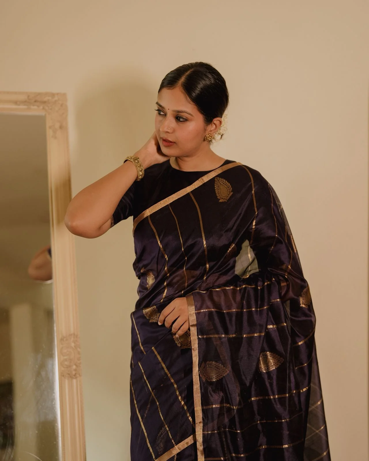 Midnight blue Chanderi silk saree with zari motifs all over - Image 16