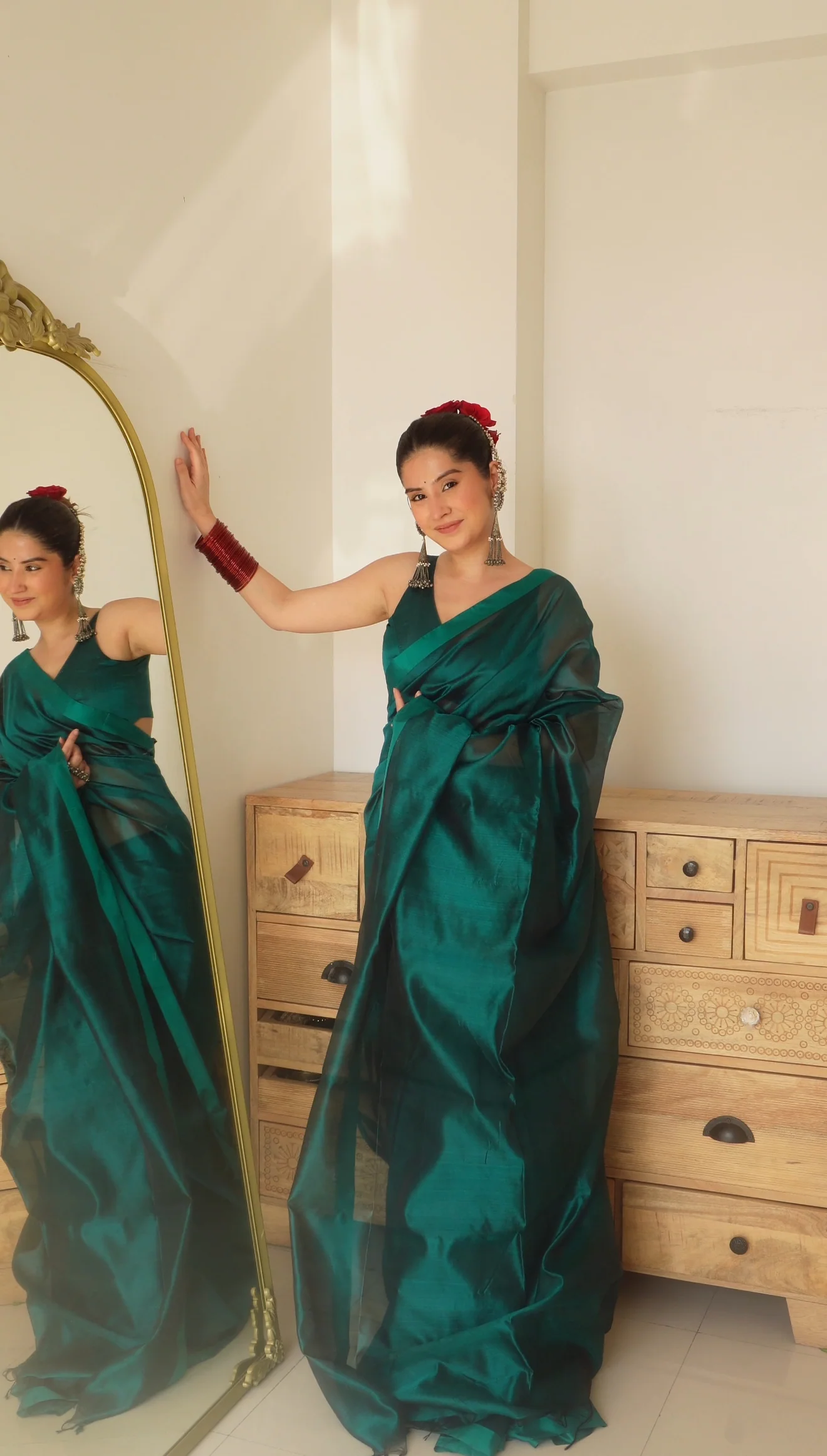 Midnight green chanderi silk saree with silk border - Image 2