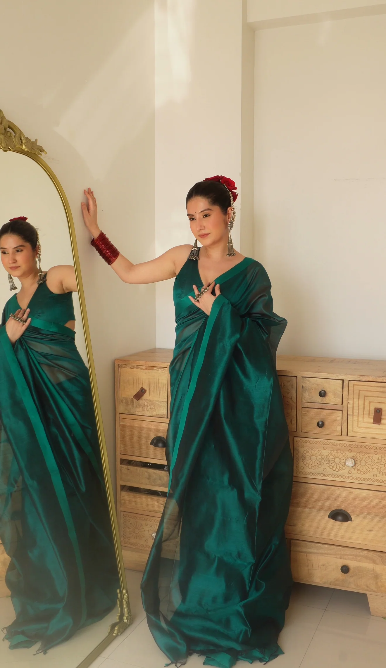 Midnight green chanderi silk saree with silk border - Image 6