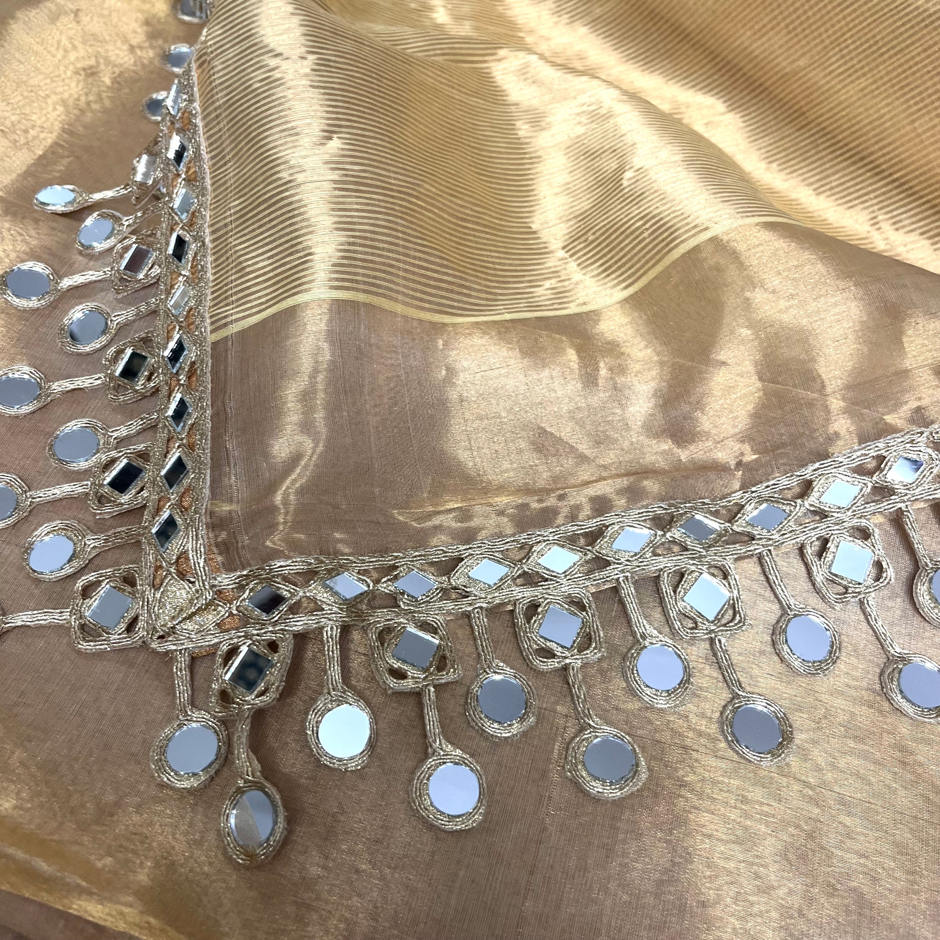 Molten gold chanderi tissue silk saree with dangling mirror work border - Image 19